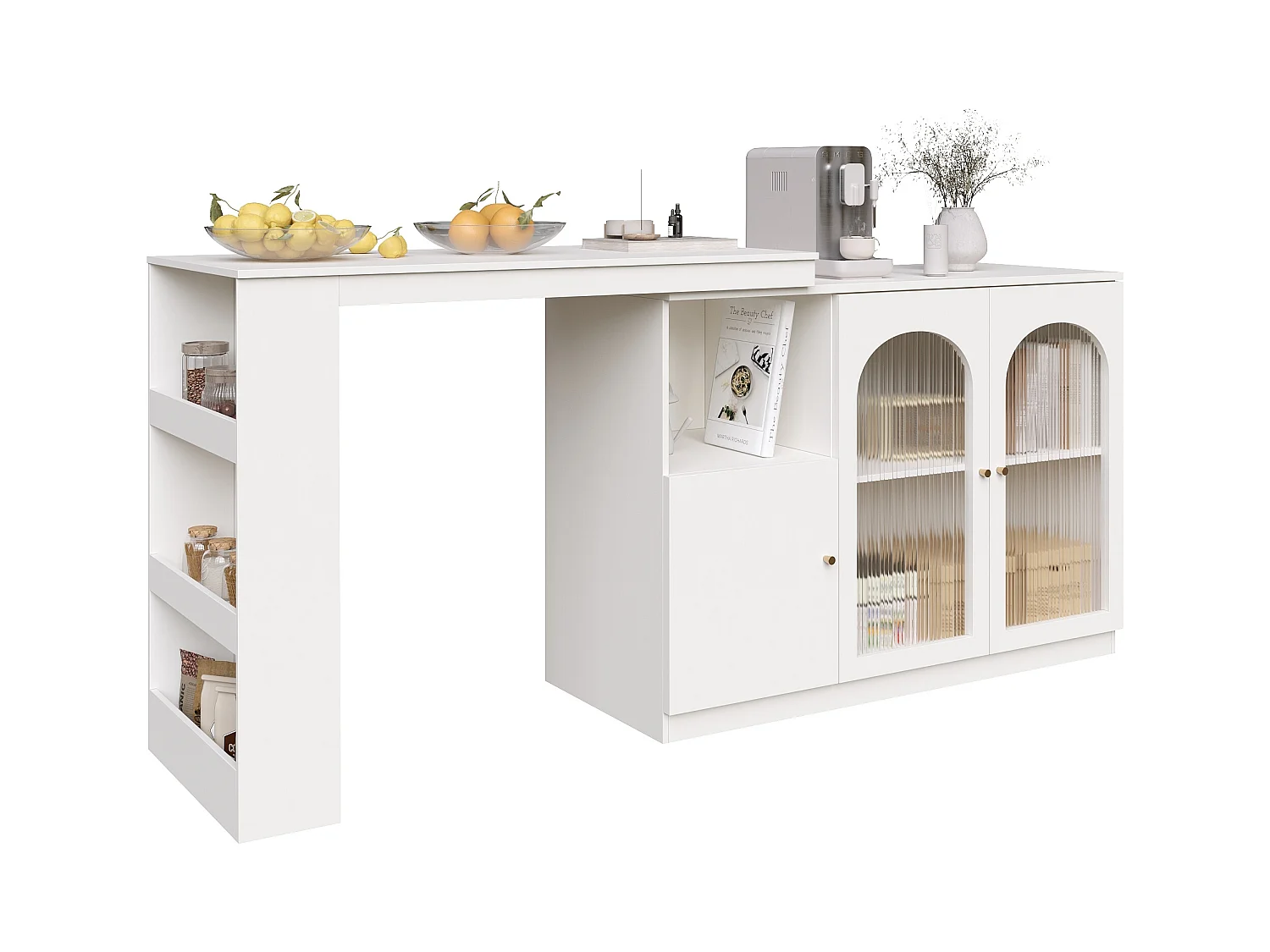 Meuble de bar rotatif - 200 x 40 x 103 cm - avec 3 portes et 4 rangements ouverts - porte vitrée - blanc