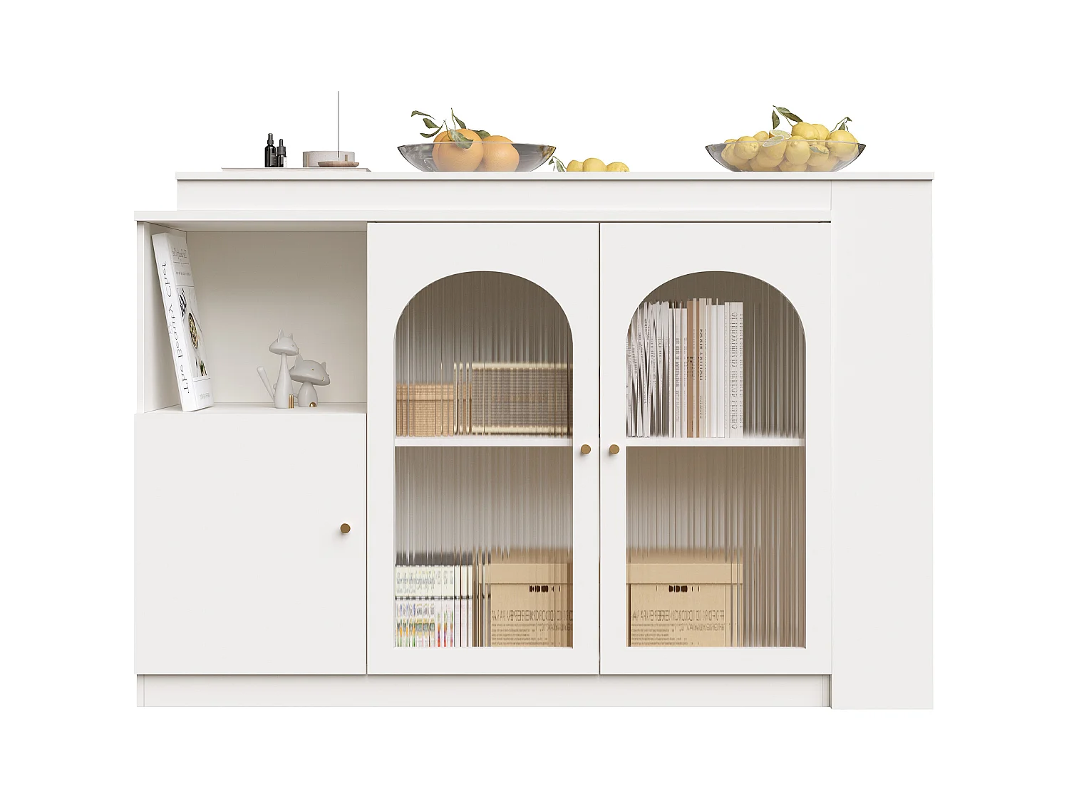 Meuble de bar rotatif - 200 x 40 x 103 cm - avec 3 portes et 4 rangements ouverts - porte vitrée - blanc