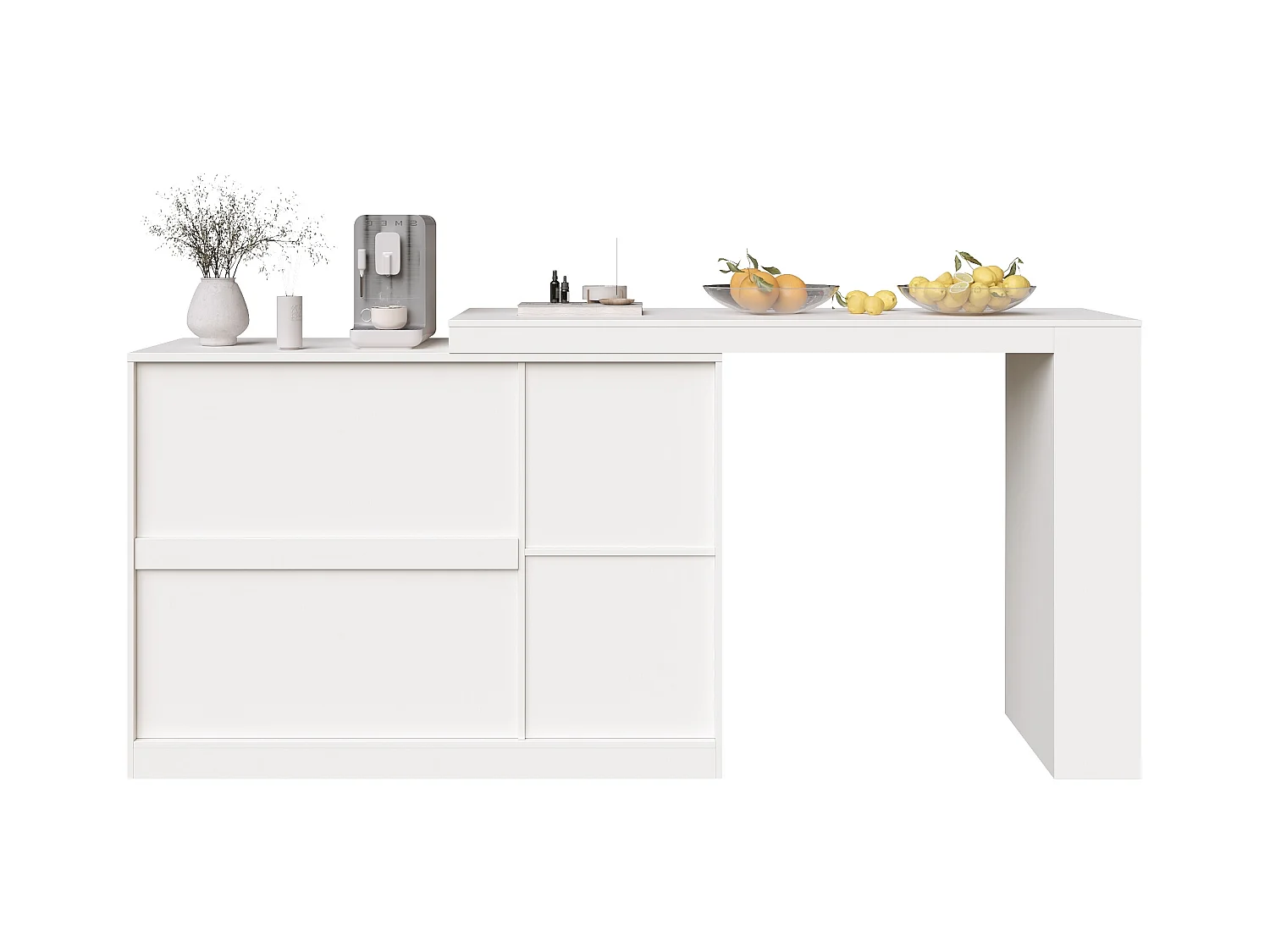 Meuble de bar rotatif - 200 x 40 x 103 cm - avec 3 portes et 4 rangements ouverts - porte vitrée - blanc