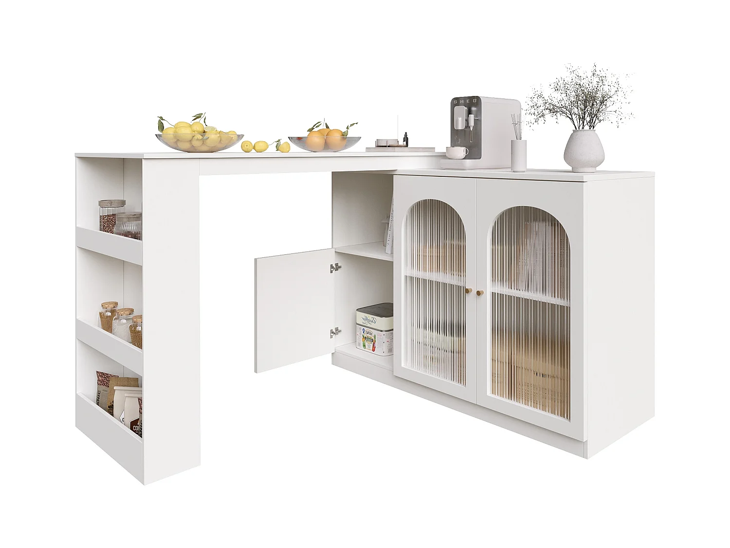 Meuble de bar rotatif - 200 x 40 x 103 cm - avec 3 portes et 4 rangements ouverts - porte vitrée - blanc