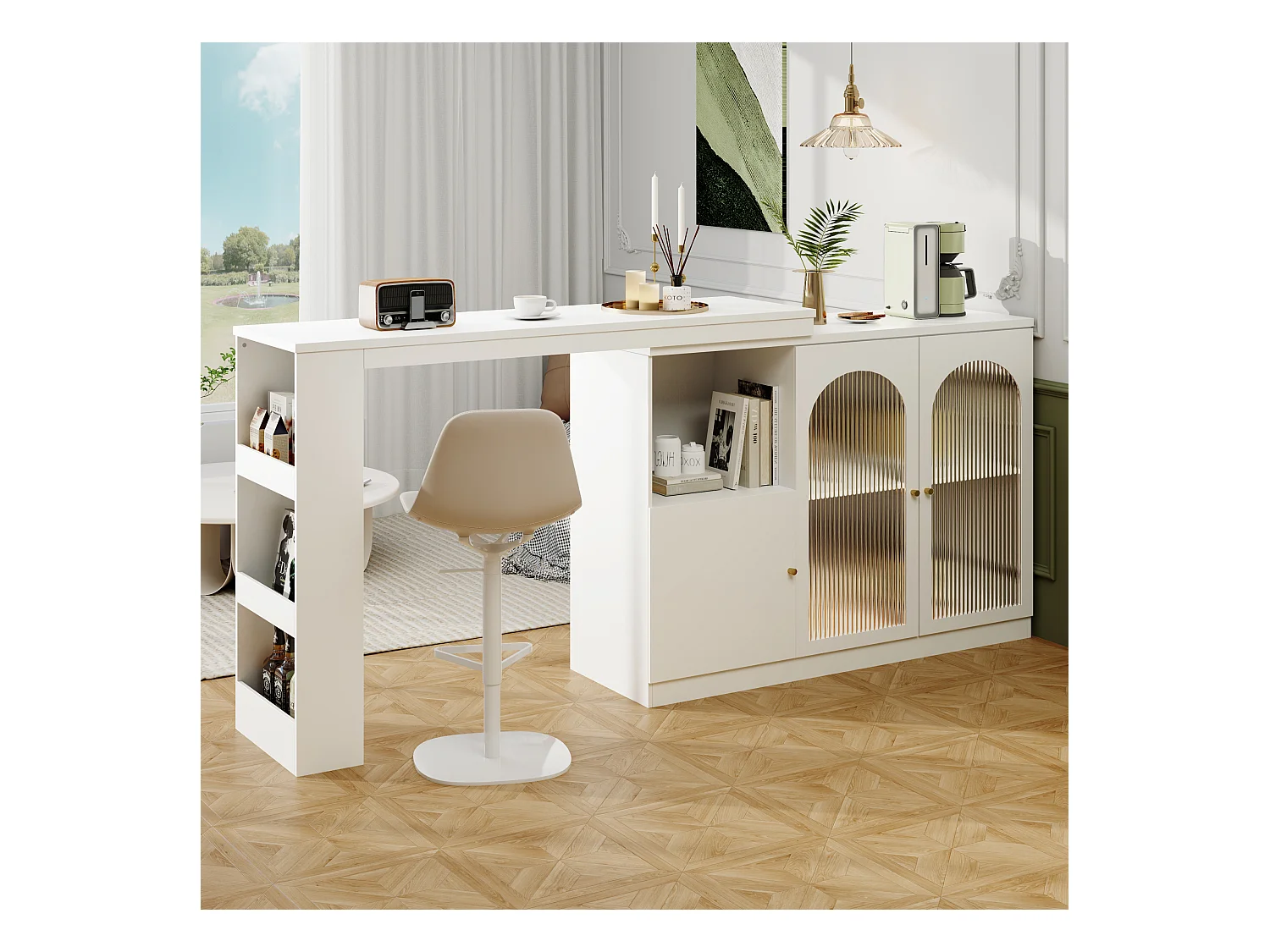 Meuble de bar rotatif - 200 x 40 x 103 cm - avec 3 portes et 4 rangements ouverts - porte vitrée - blanc