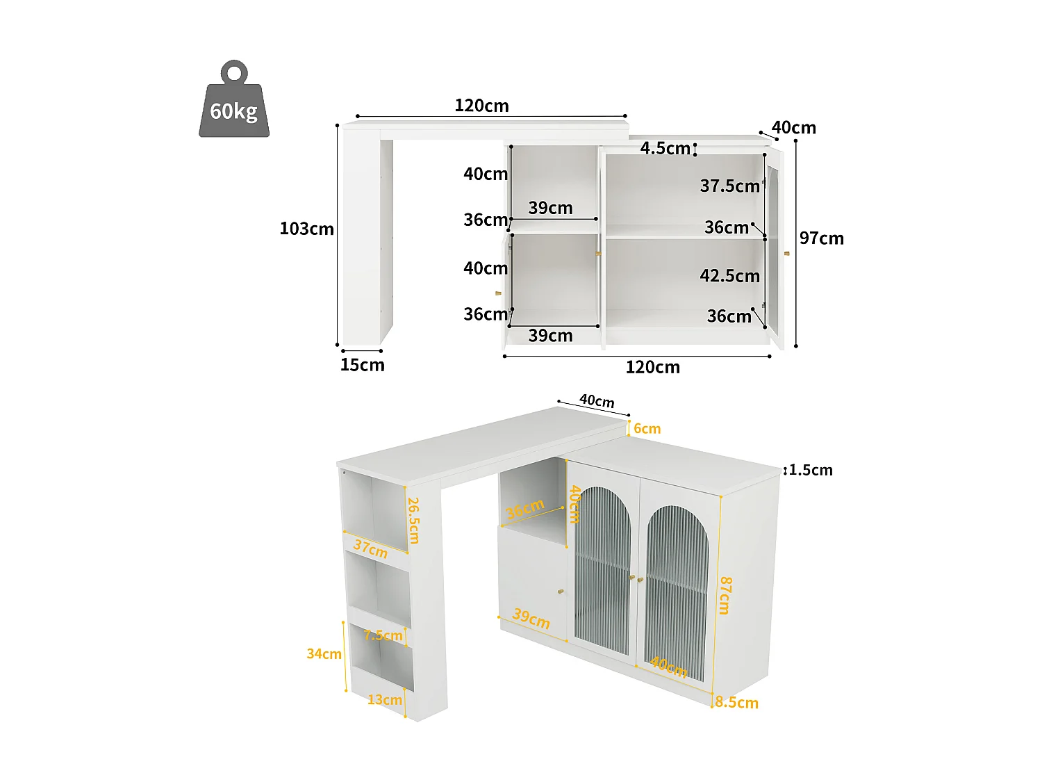 Meuble de bar rotatif - 200 x 40 x 103 cm - avec 3 portes et 4 rangements ouverts - porte vitrée - blanc