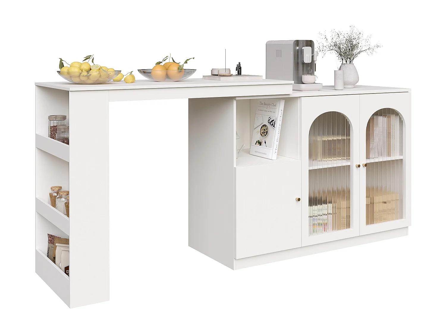 Meuble de bar rotatif - 200 x 40 x 103 cm - avec 3 portes et 4 rangements ouverts - porte vitrée - blanc