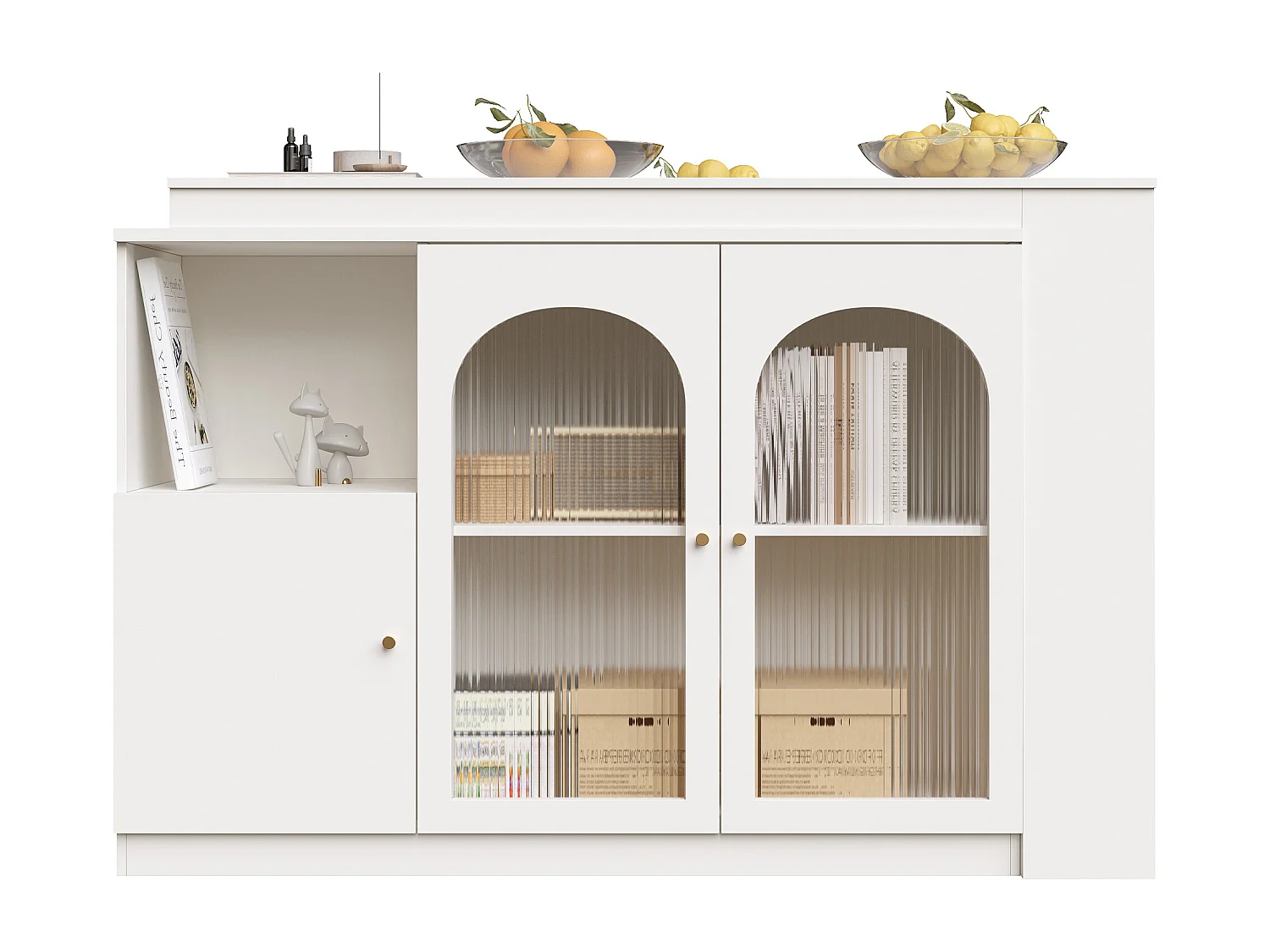 Meuble de bar rotatif - 200 x 40 x 103 cm - avec 3 portes et 4 rangements ouverts - porte vitrée - blanc