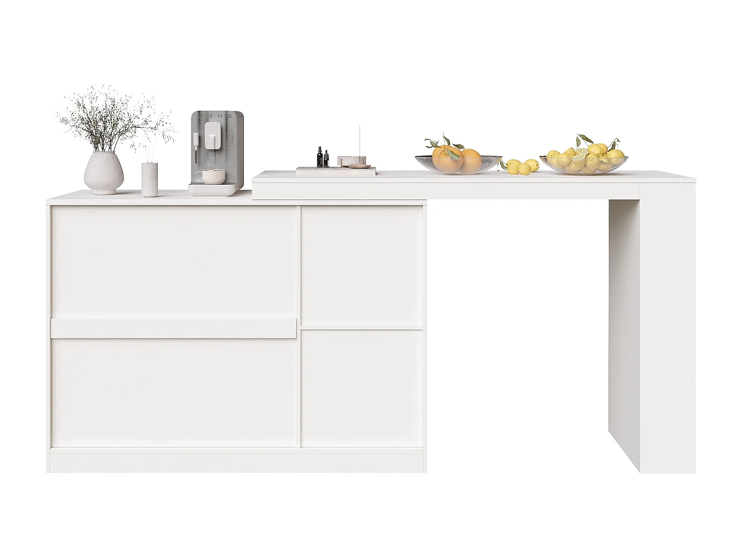 Meuble de bar rotatif - 200 x 40 x 103 cm - avec 3 portes et 4 rangements ouverts - porte vitrée - blanc