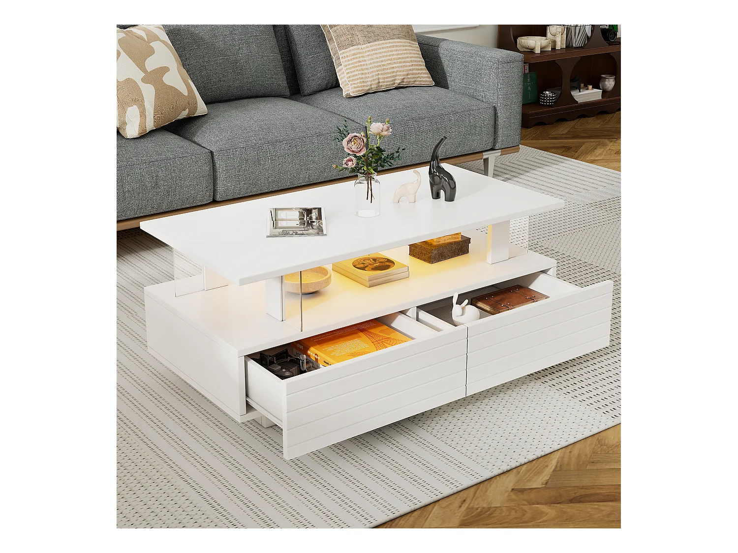 Witte rechthoekige salontafel - Salontafel met 2 lades en LED-verlichting - voor de woonkamer