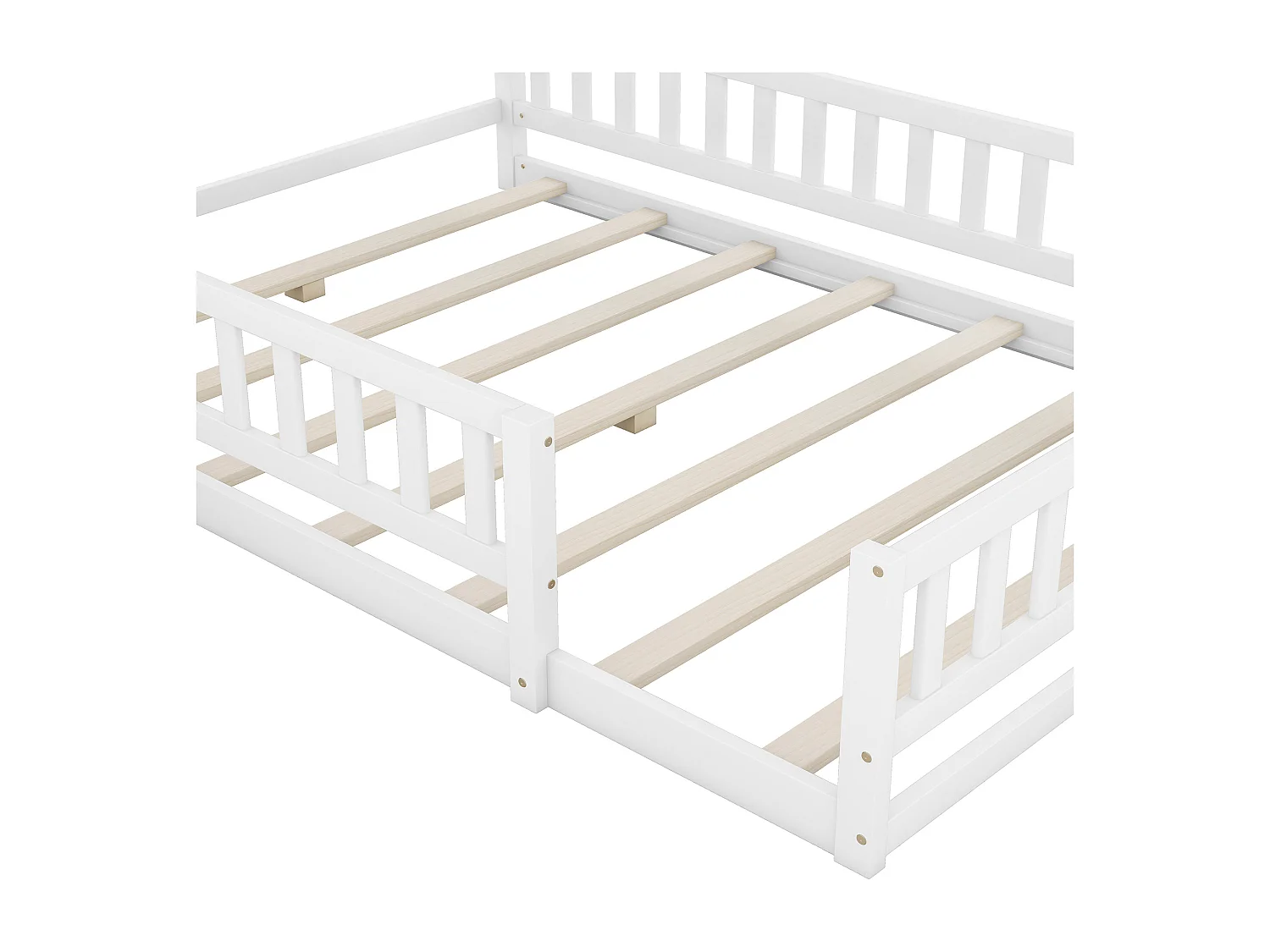 Łóżko dla dzieci 140 x 190 cm - Łóżko podwójne z barierkami i stolikami nocnymi - kształt domku - białe