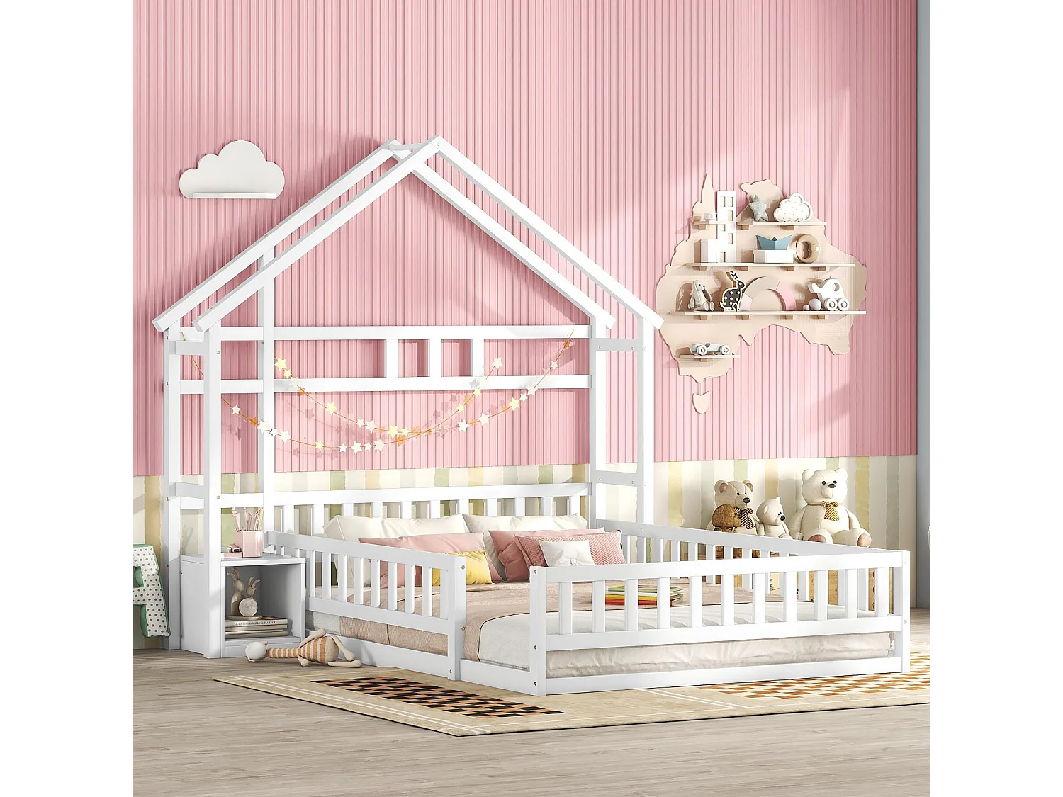 Cama de criança 140 x 190 cm - Cama de casal com grades e mesas de cabeceira - formato casa - branca