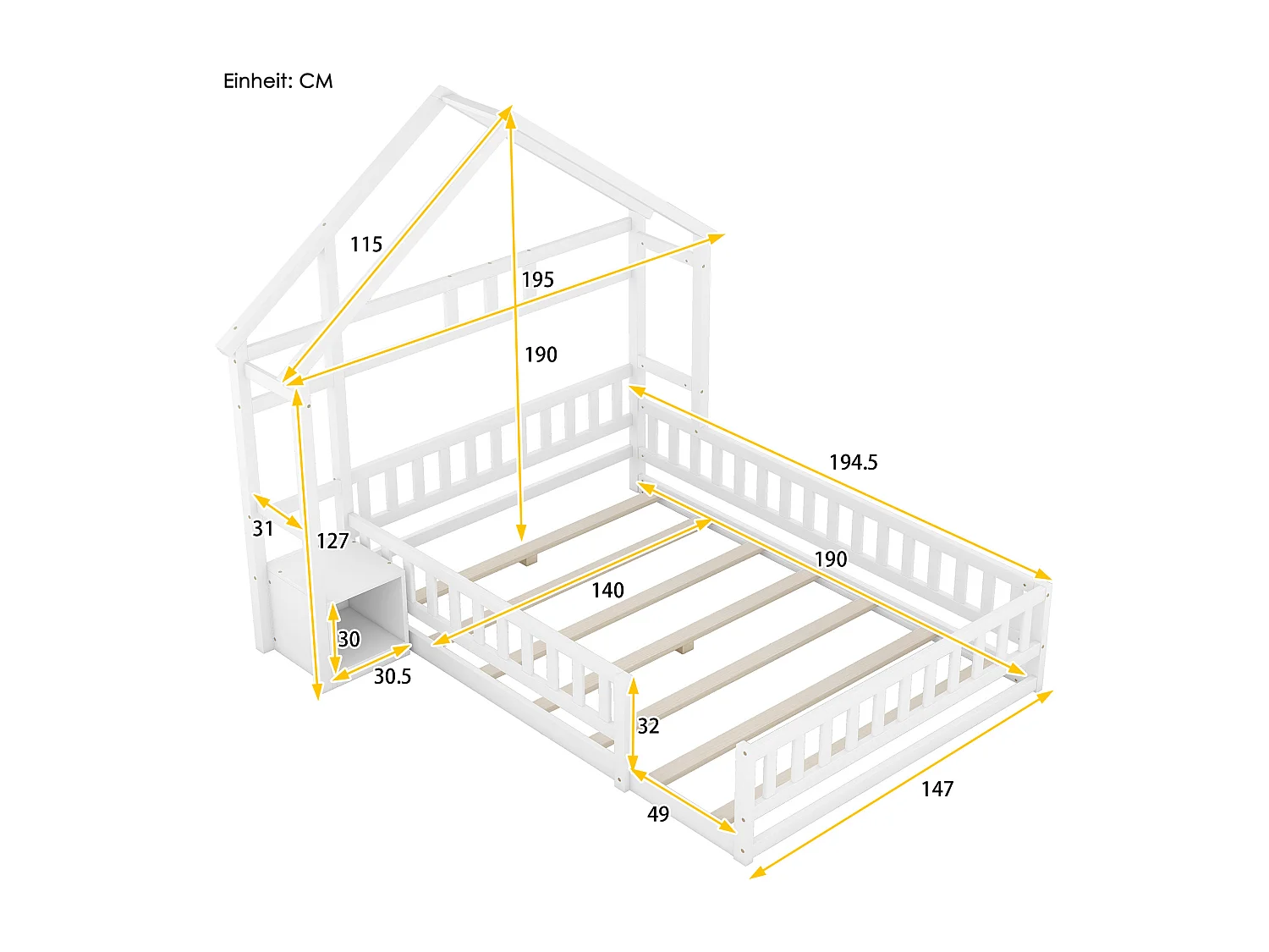 Cama de criança 140 x 190 cm - Cama de casal com grades e mesas de cabeceira - formato casa - branca
