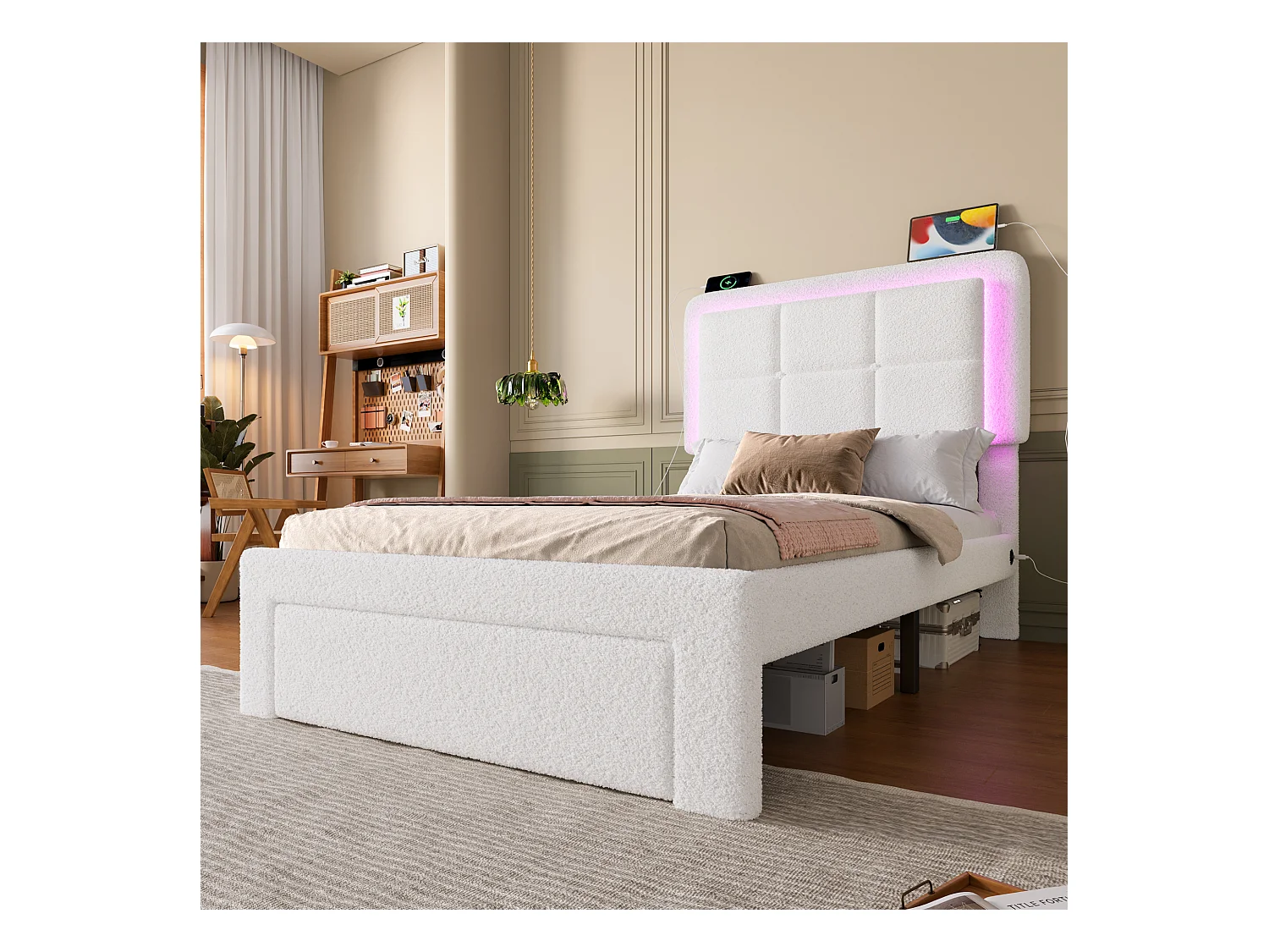Lit enfant 90 x 200 cm - Cadre de lit avec chargement USB et lumière LED - 1 tiroir et tête de lit réglable - blanc