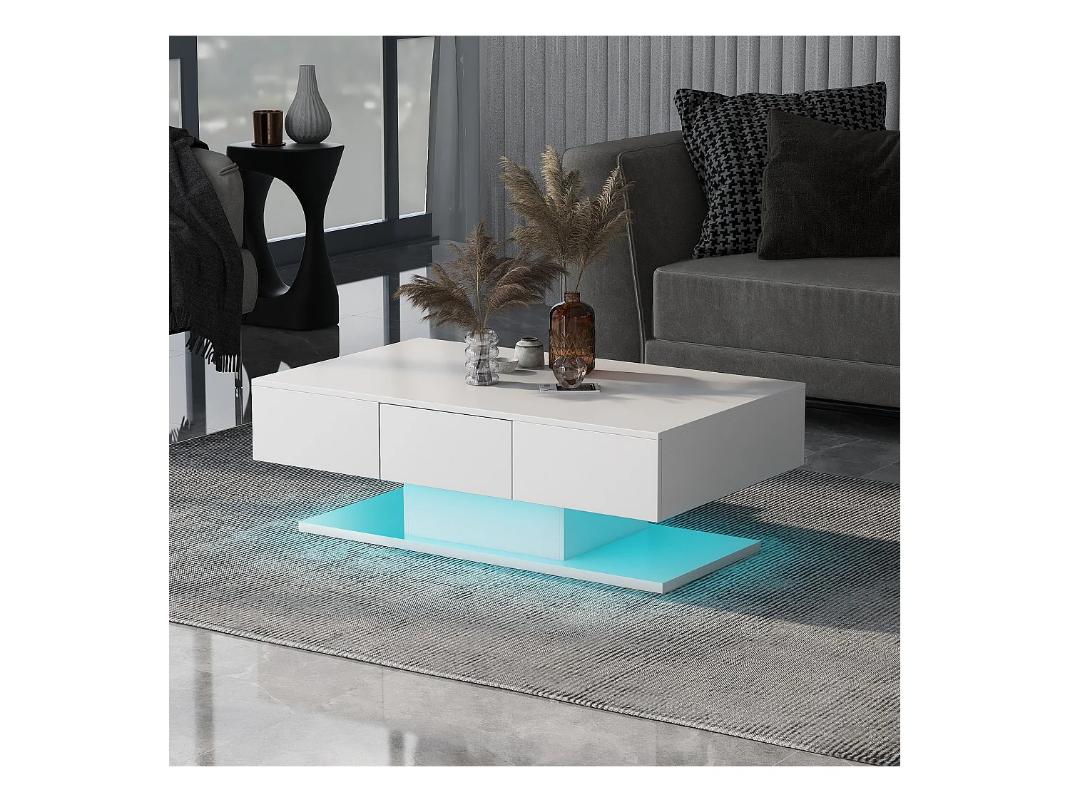 Table basse avec 2 tiroirs et lumières LED - Table basse blanche - pour le salon