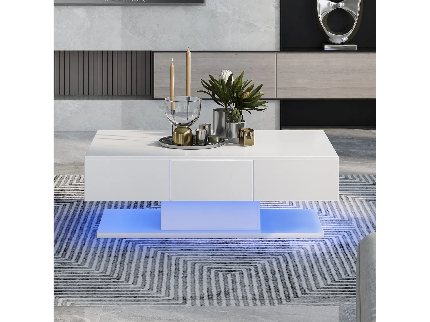 Table basse avec 2 tiroirs et lumières LED - Table basse blanche - pour le salon
