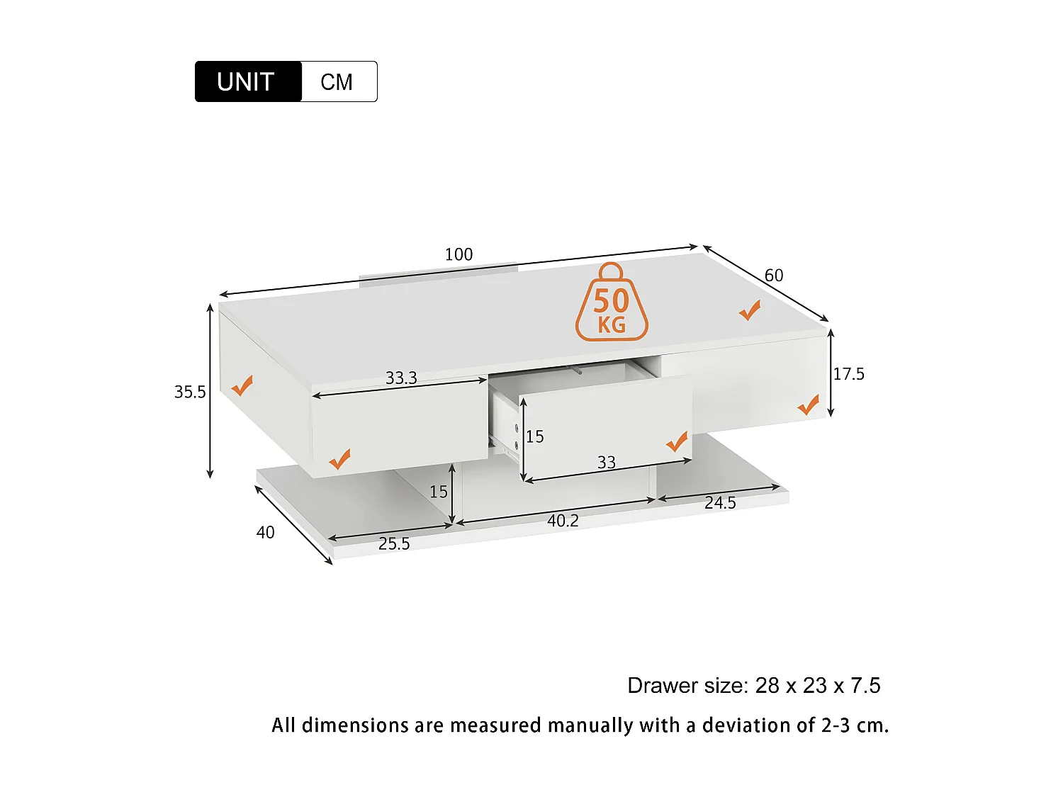 Table basse avec 2 tiroirs et lumières LED - Table basse blanche - pour le salon
