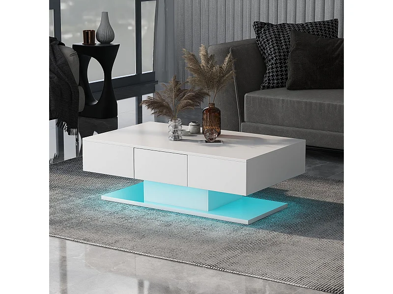 Table basse avec 2 tiroirs et lumières LED - Table basse blanche - pour le salon