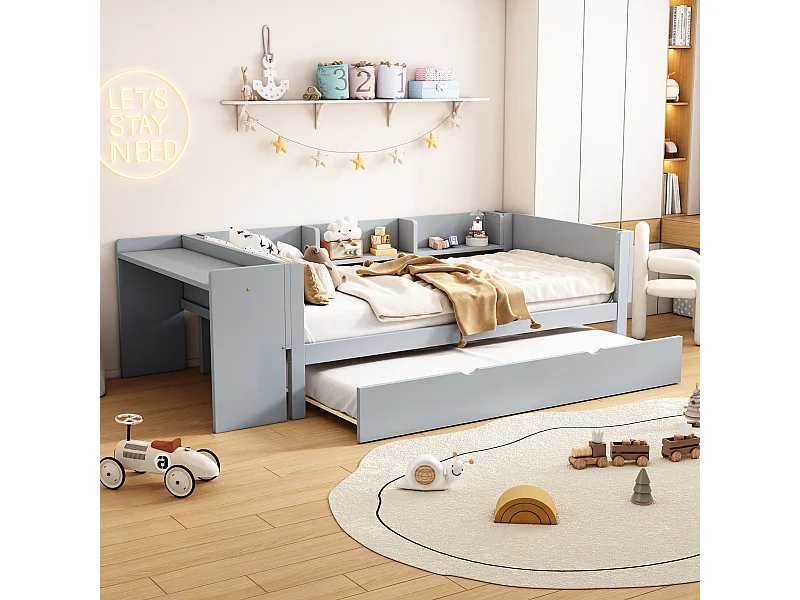 Letto estraibile 90x200 cm - Struttura letto con scrivania e 3 ripiani - vano aperto - legno grigio