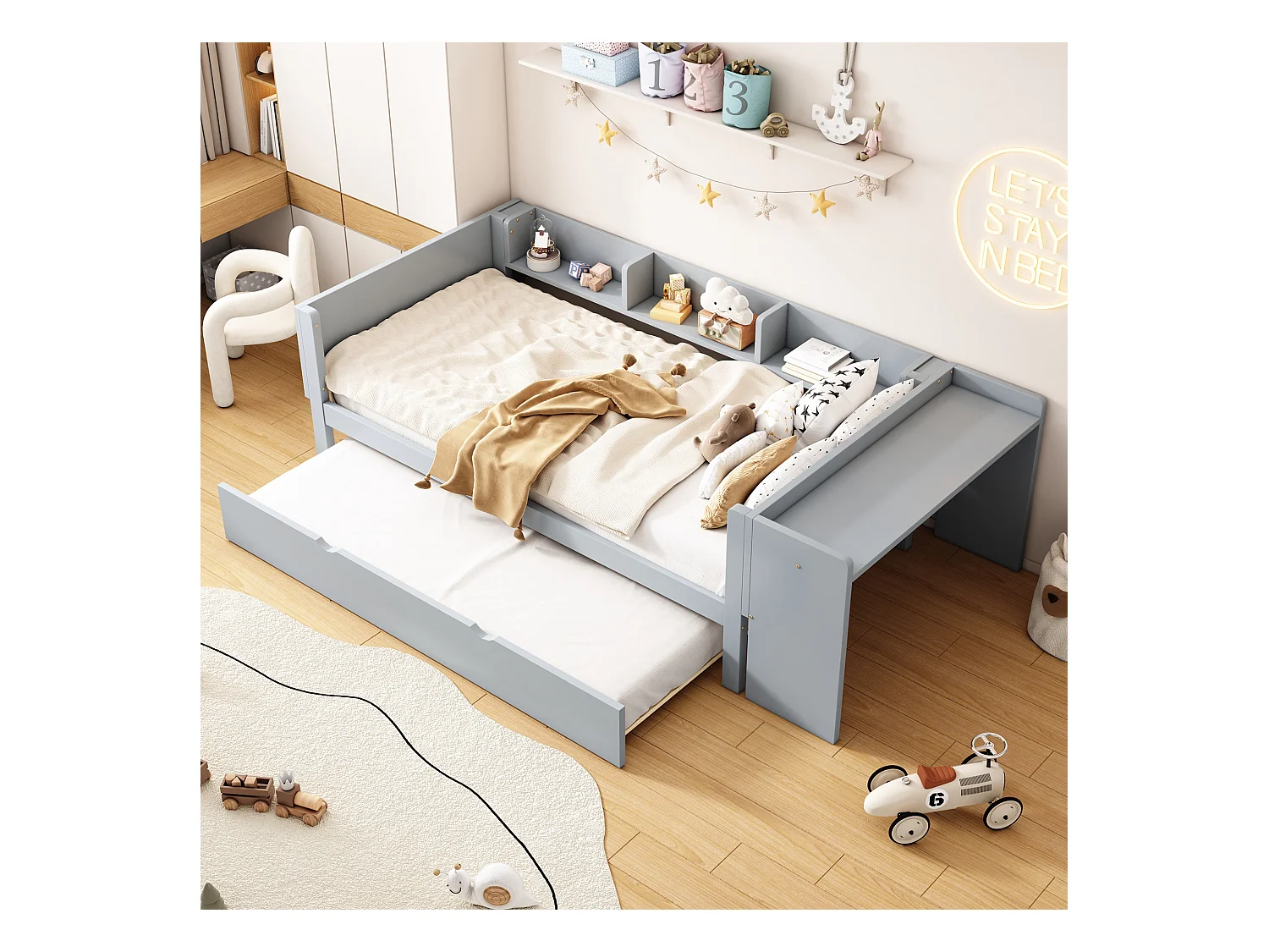 Lit gigogne 90x200 cm - Cadre de lit avec bureau et 3 étagères - rangements ouverts - bois gris