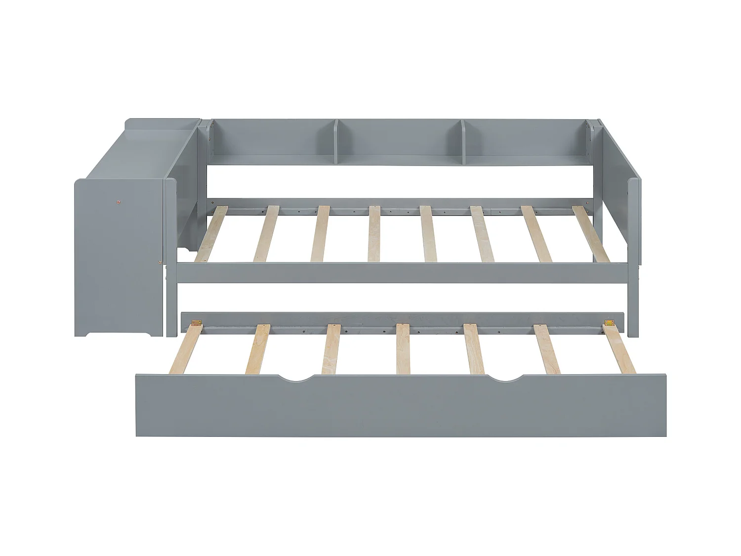 Lit gigogne 90x200 cm - Cadre de lit avec bureau et 3 étagères - rangements ouverts - bois gris