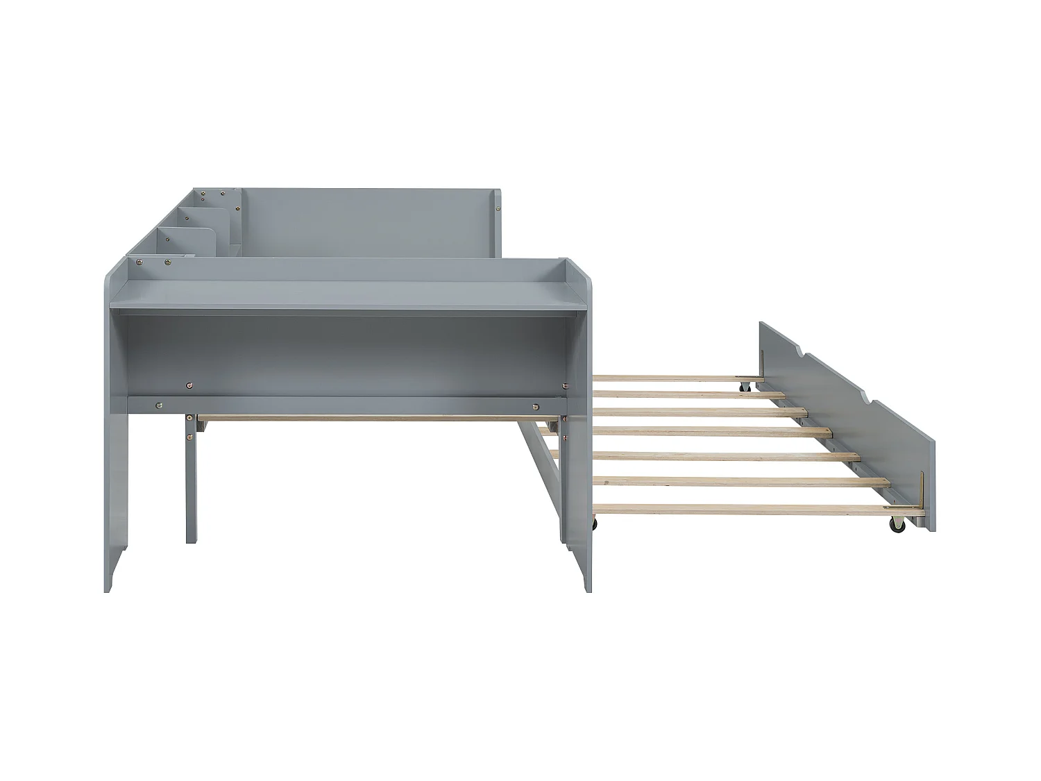 Lit gigogne 90x200 cm - Cadre de lit avec bureau et 3 étagères - rangements ouverts - bois gris