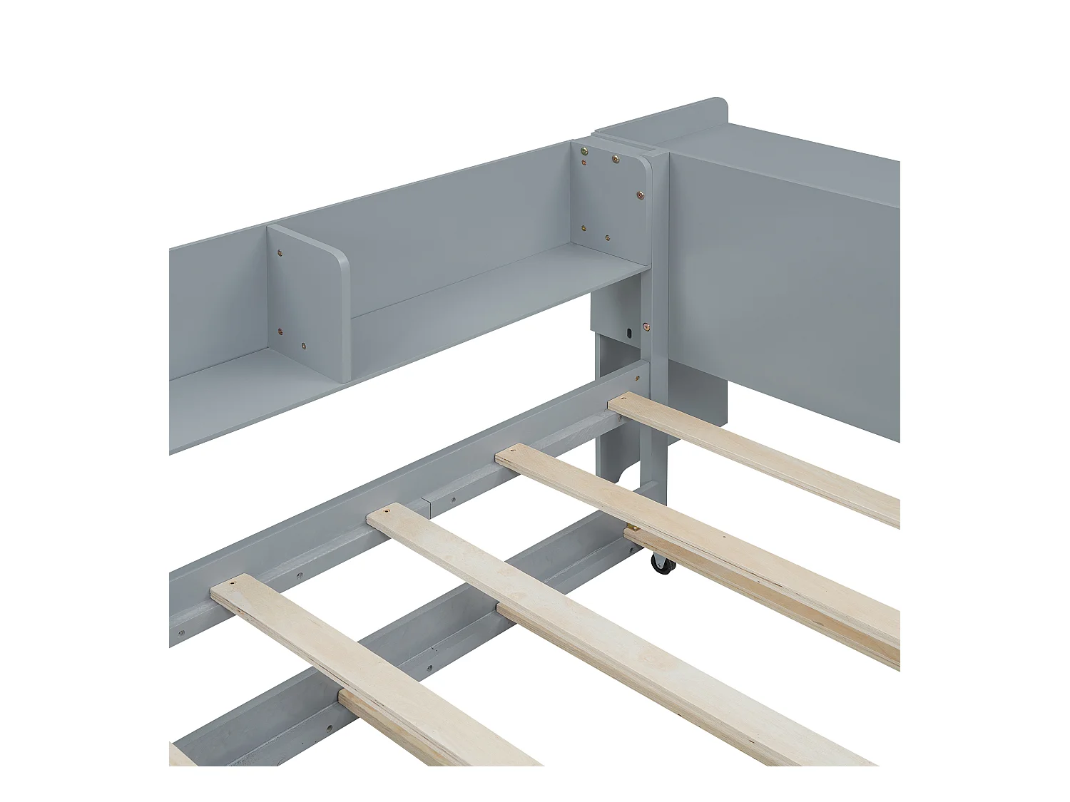 Lit gigogne 90x200 cm - Cadre de lit avec bureau et 3 étagères - rangements ouverts - bois gris