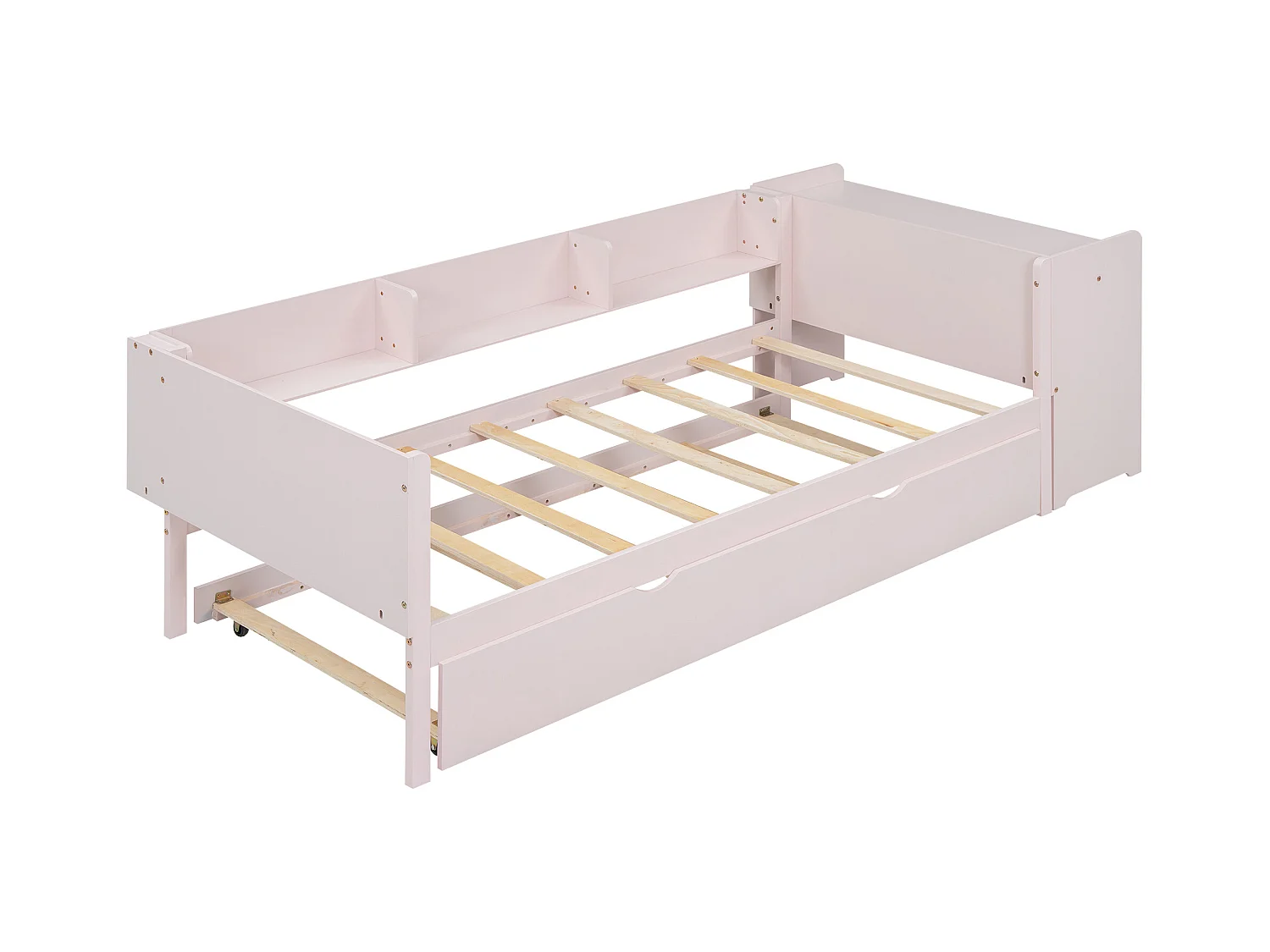 Łóżko wysuwane 90 x 200 cm – łóżko dziecięce z biurkiem i 3 półkami – otwarta przestrzeń do przechowywania – różowe Drewno