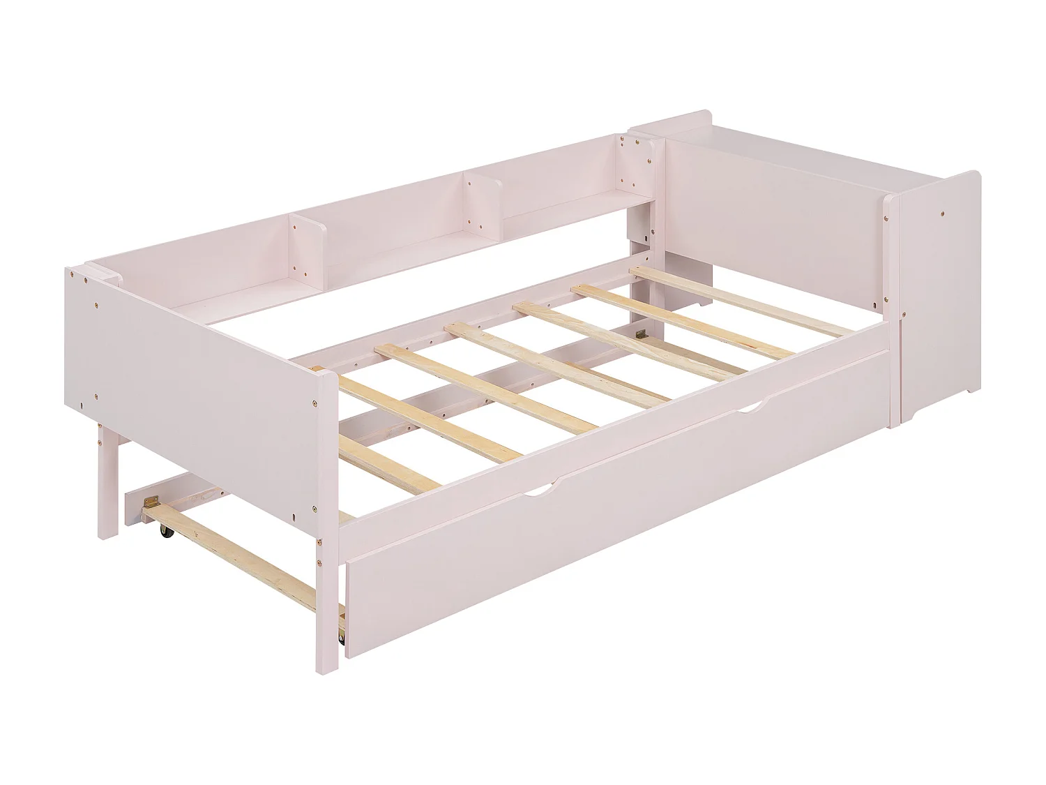 Łóżko wysuwane 90 x 200 cm – łóżko dziecięce z biurkiem i 3 półkami – otwarta przestrzeń do przechowywania – różowe Drewno