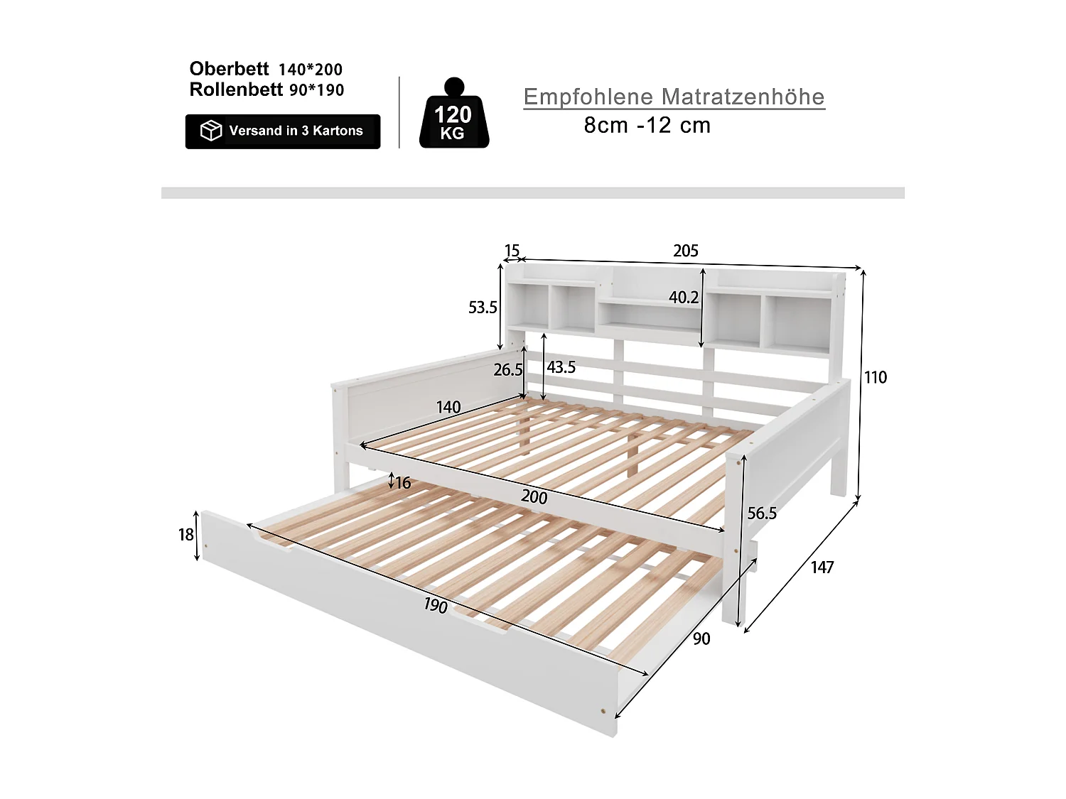 Ausziehbett 140x200 cm - Kinderbett mit Stauraum, Lattenrost - holz weiß - ohne matratze