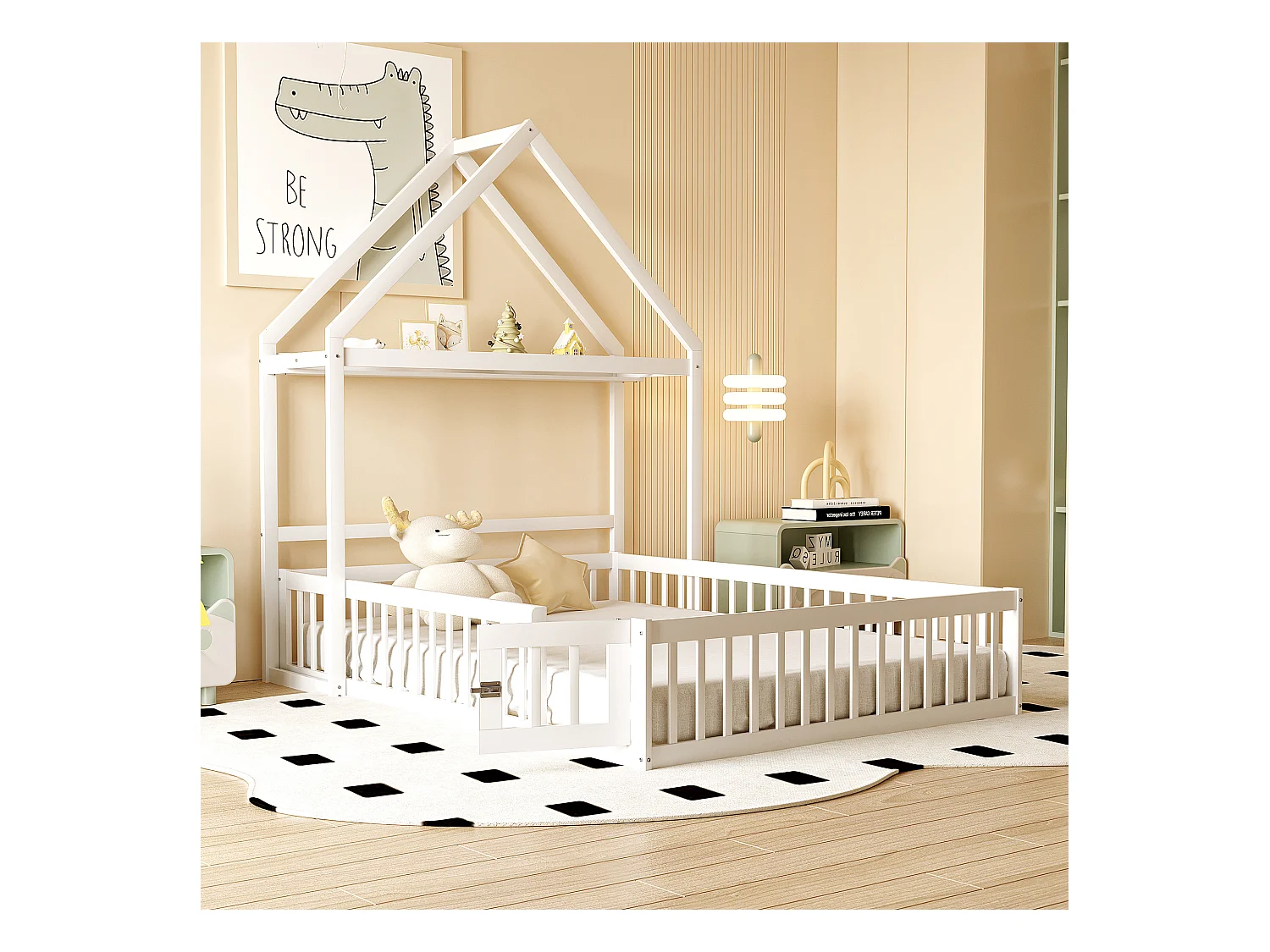 Lit enfant 140 x 200 cm - Cadre de lit avec rangement et porte de sécurité - bois blanc - sans matelas
