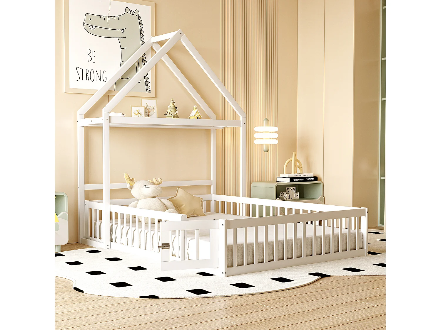 Kinderbed 140 x 200 cm - Tweepersoonsbed met opbergruimte en veiligheidsdeur - wit hout - zonder matras