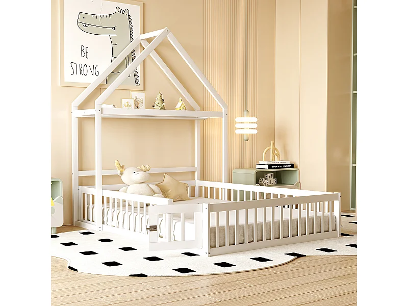 Kinderbed 140 x 200 cm - Tweepersoonsbed met opbergruimte en veiligheidsdeur - wit hout - zonder matras