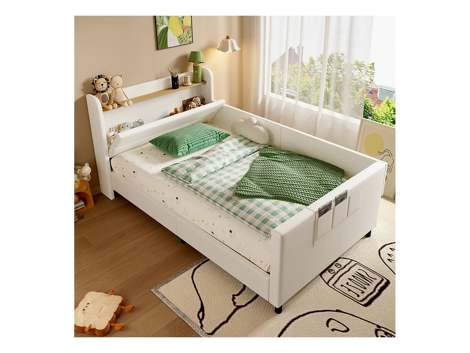 Lit enfant 90x200 cm - Cadre de lit avec chevets et poches de rangement - rangement ouvert - blanc
