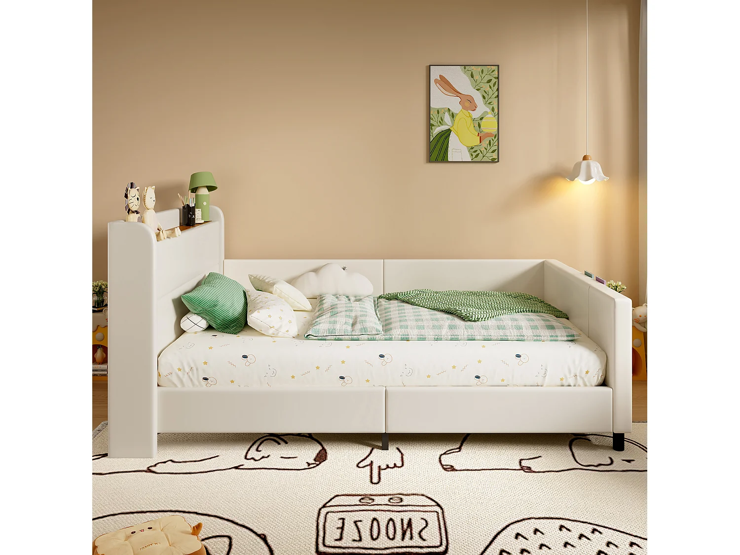 Lit enfant 90x200 cm - Cadre de lit avec chevets et poches de rangement - rangement ouvert - blanc