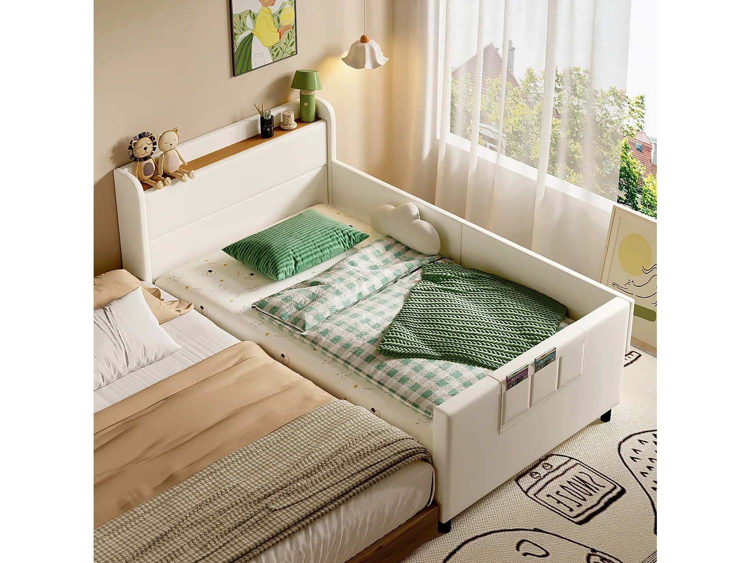 Lit enfant 90x200 cm - Cadre de lit avec chevets et poches de rangement - rangement ouvert - blanc