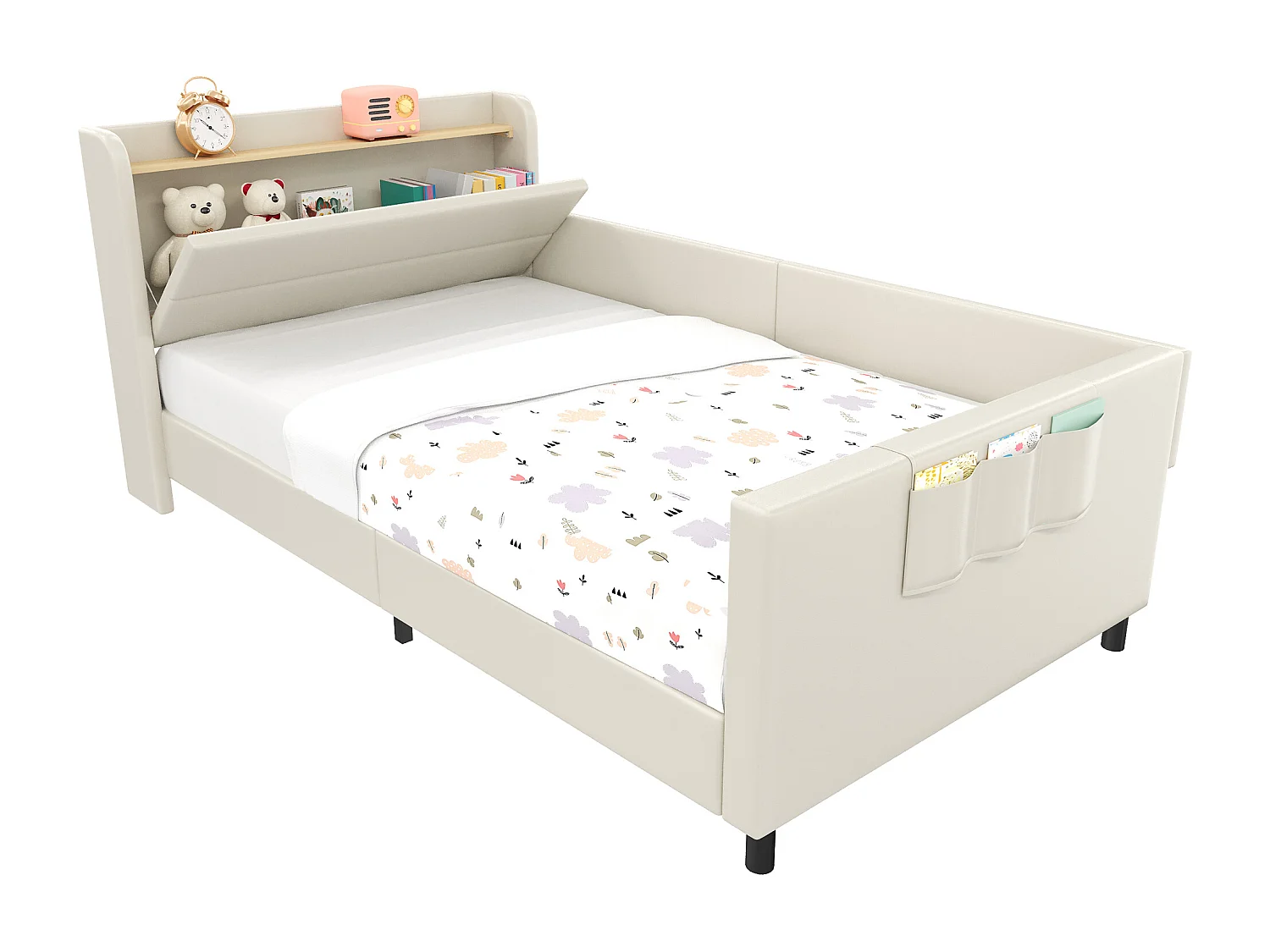 Lit enfant 90x200 cm - Cadre de lit avec chevets et poches de rangement - rangement ouvert - blanc