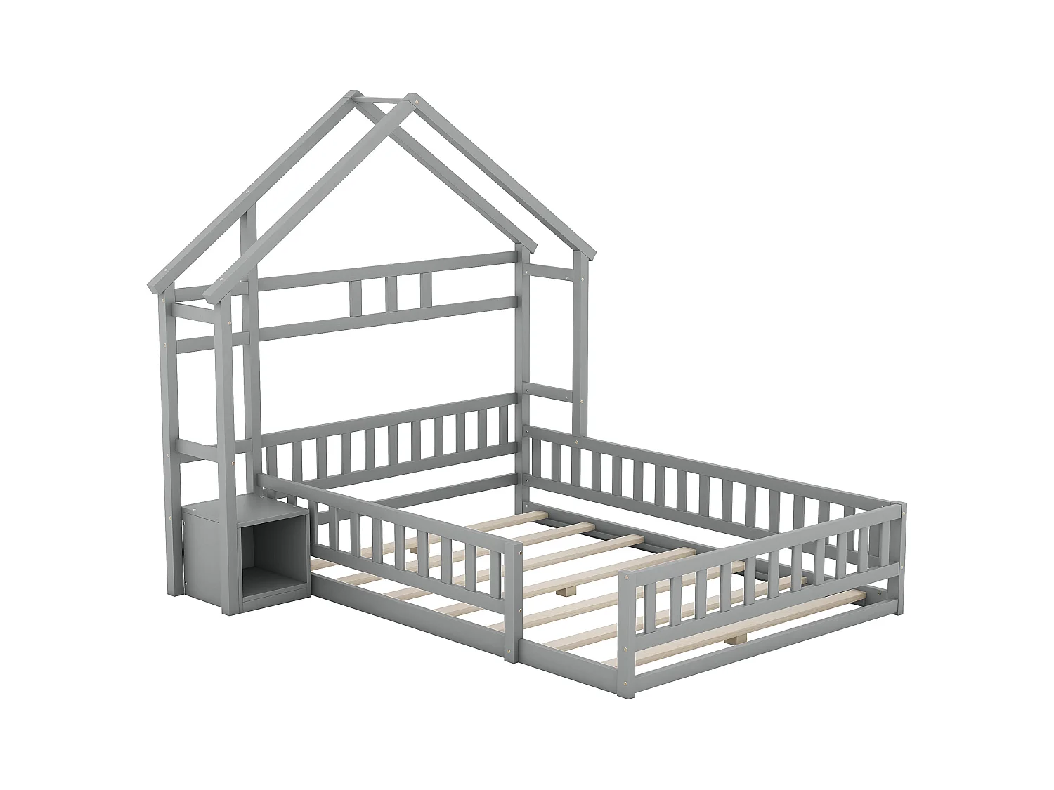 Cama de criança 140 x 190 cm - Cama de casal com grades e mesas de cabeceira - formato casa - cinzento