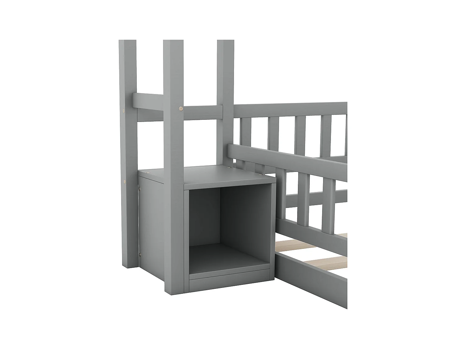 Łóżko dziecięce 140 x 190 cm – łóżko podwójne z barierkami i stolikami nocnymi – kształt domku – szare