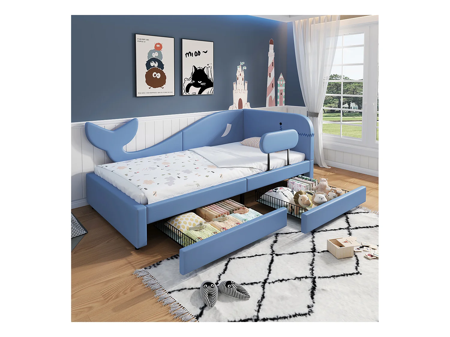 Lit enfant 90x200 cm - Cadre de lit en métal avec 2 tiroirs - design baleine - bleu