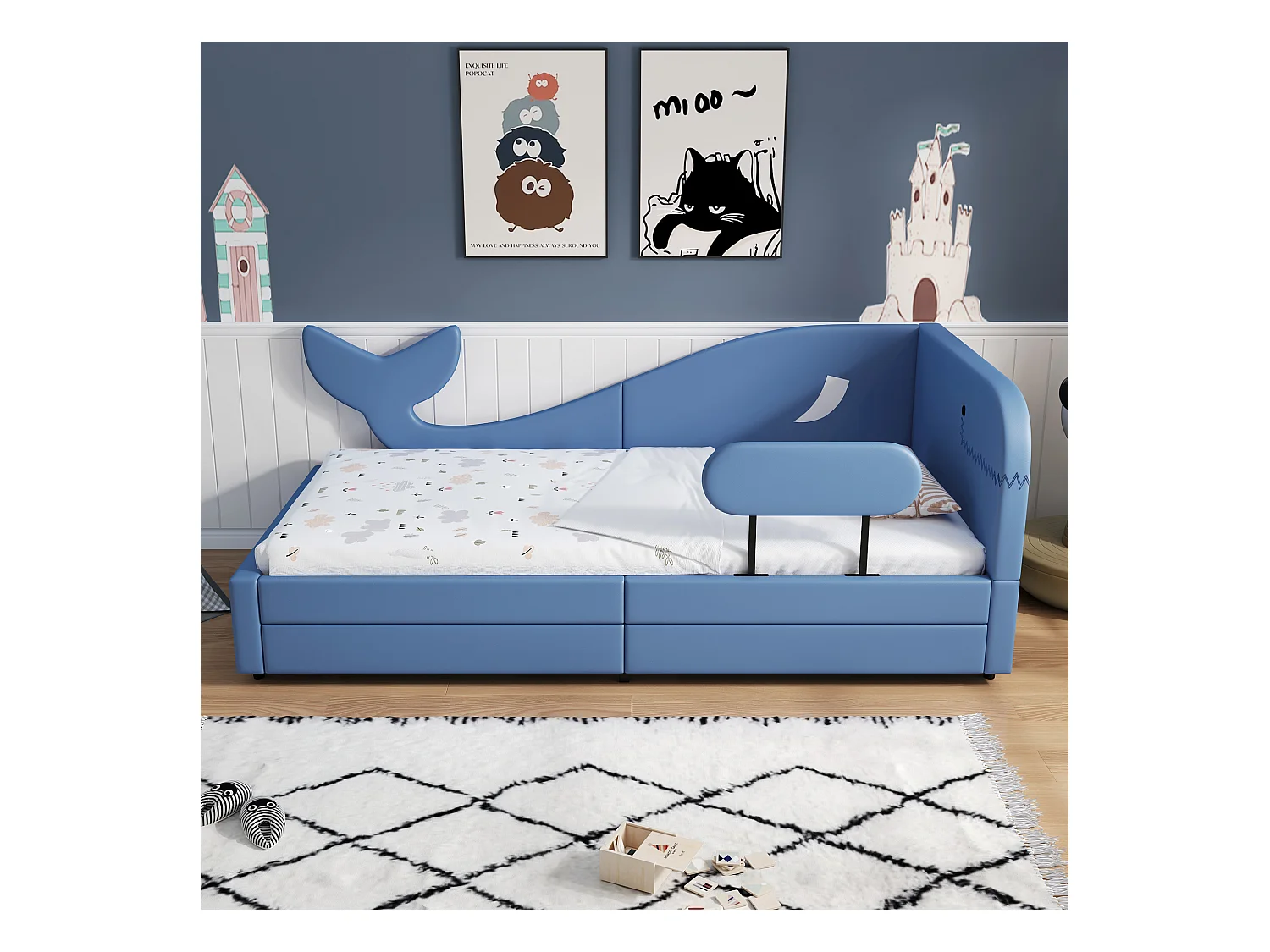 Lit enfant 90x200 cm - Cadre de lit en métal avec 2 tiroirs - design baleine - bleu