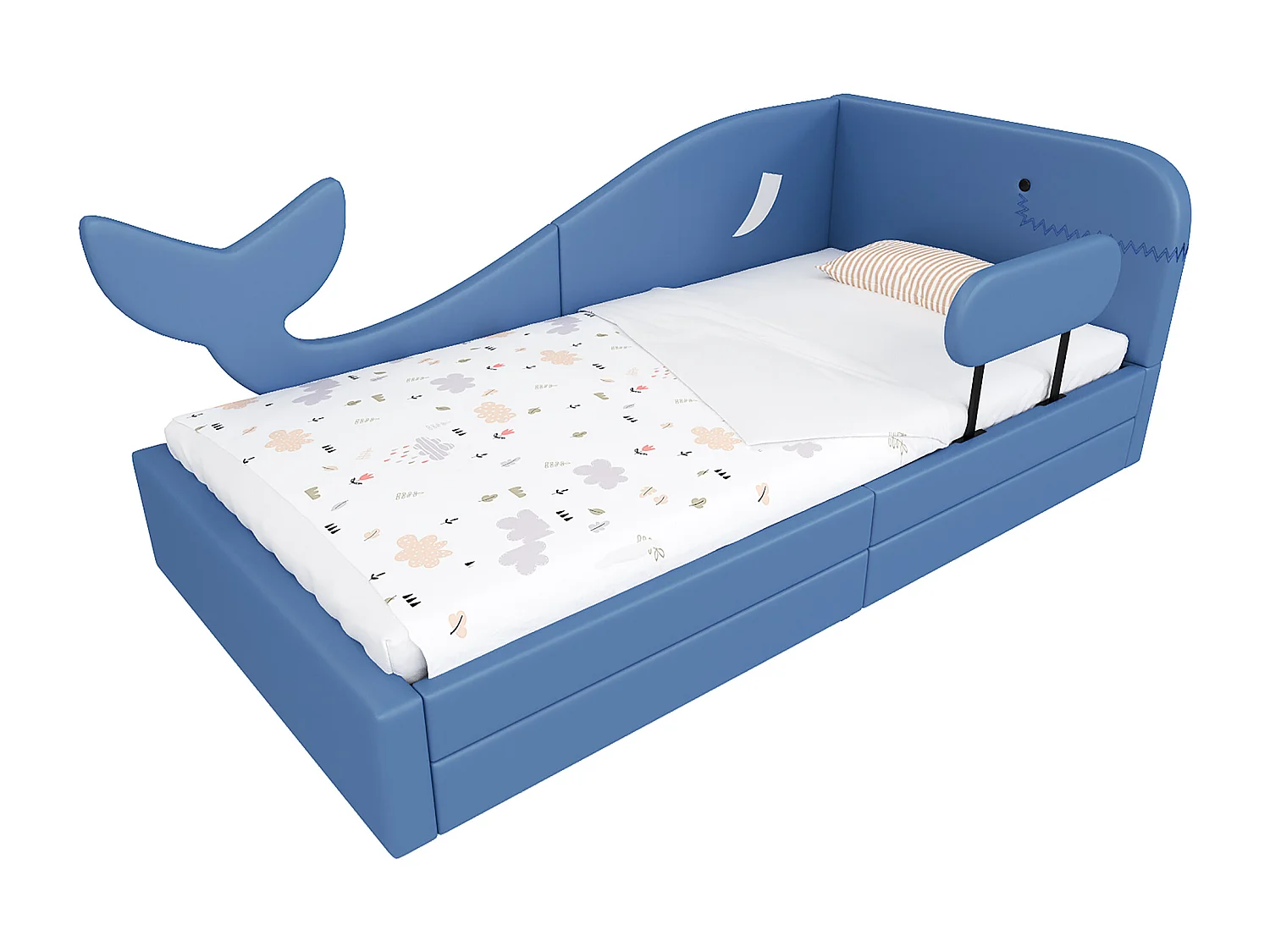 Lit enfant 90x200 cm - Cadre de lit en métal avec 2 tiroirs - design baleine - bleu