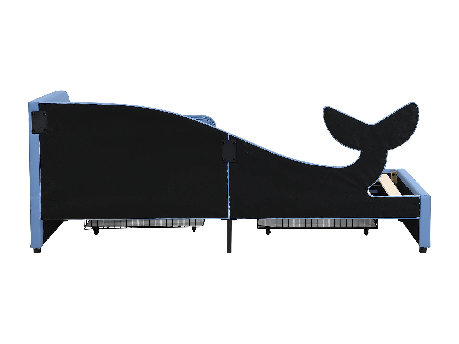 Lit enfant 90x200 cm - Cadre de lit en métal avec 2 tiroirs - design baleine - bleu
