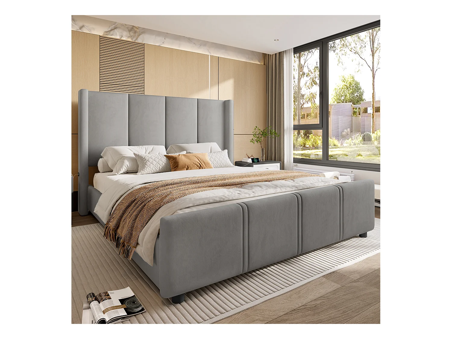 Lit adulte 160 x 200 cm - Cadre de lit avec recharge USB et tête de lit - gris - sans matelas
