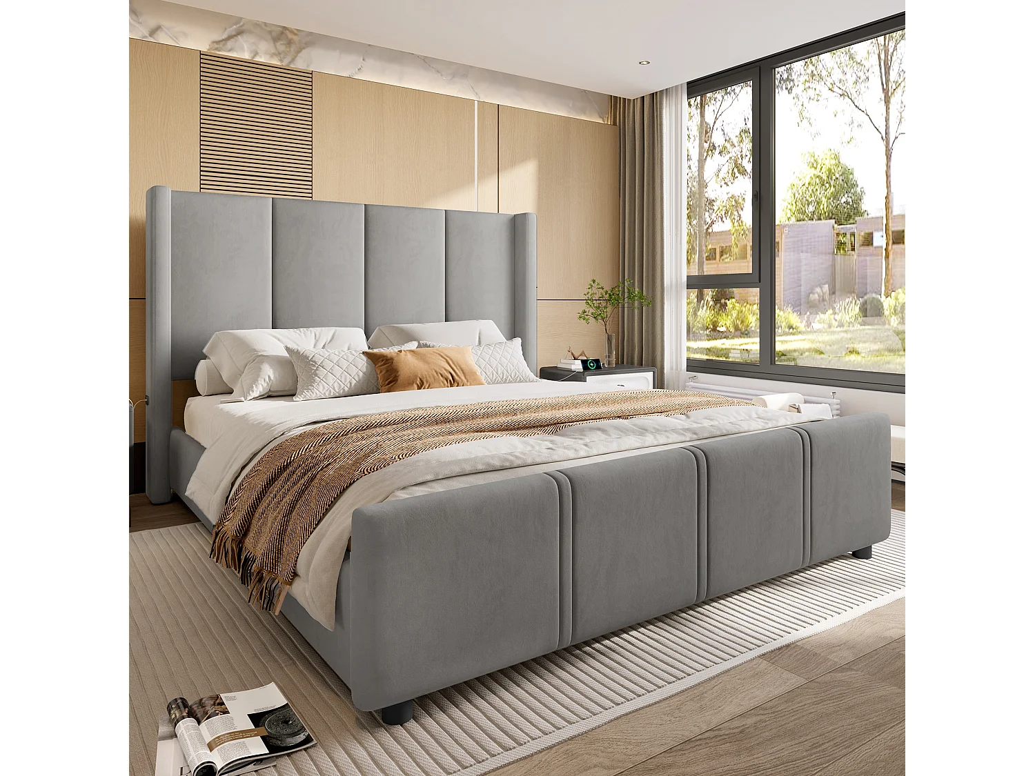 Cama de adulto 160 x 200 cm - Cama de casal com carregamento USB e cabeceira - cinzento - sem colchão