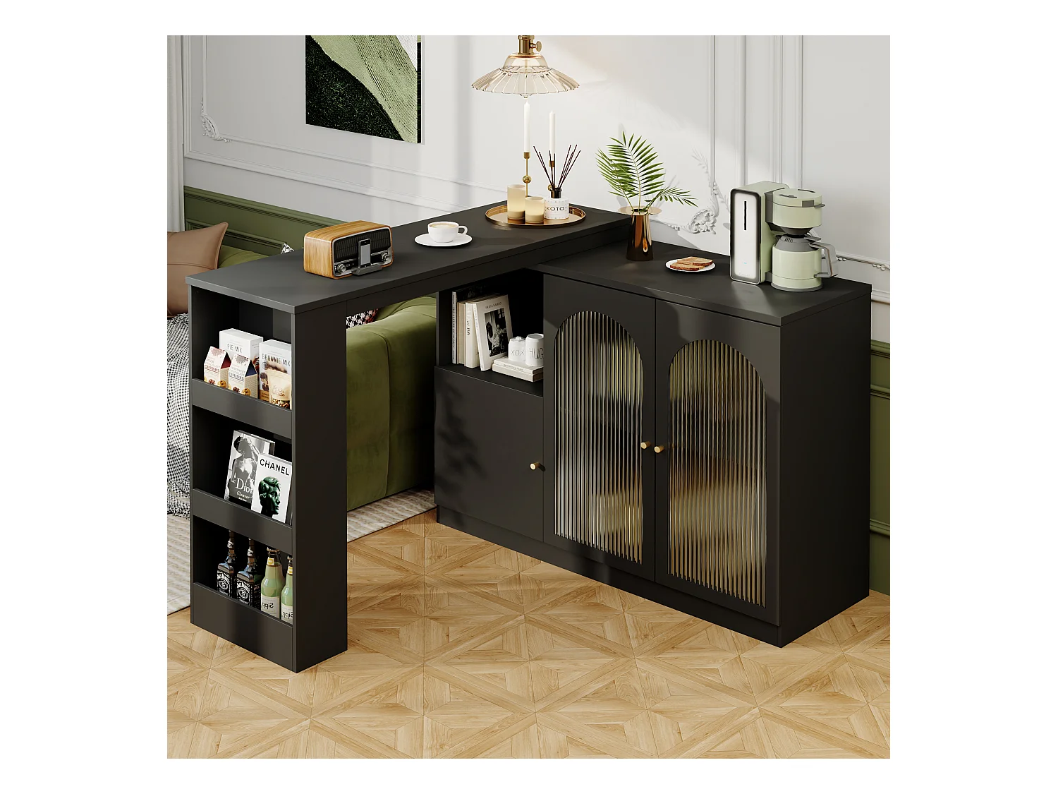 Meuble de bar rotatif - 200 x 40 x 103 cm - avec 3 portes et 4 rangements ouverts - porte vitrée - noir
