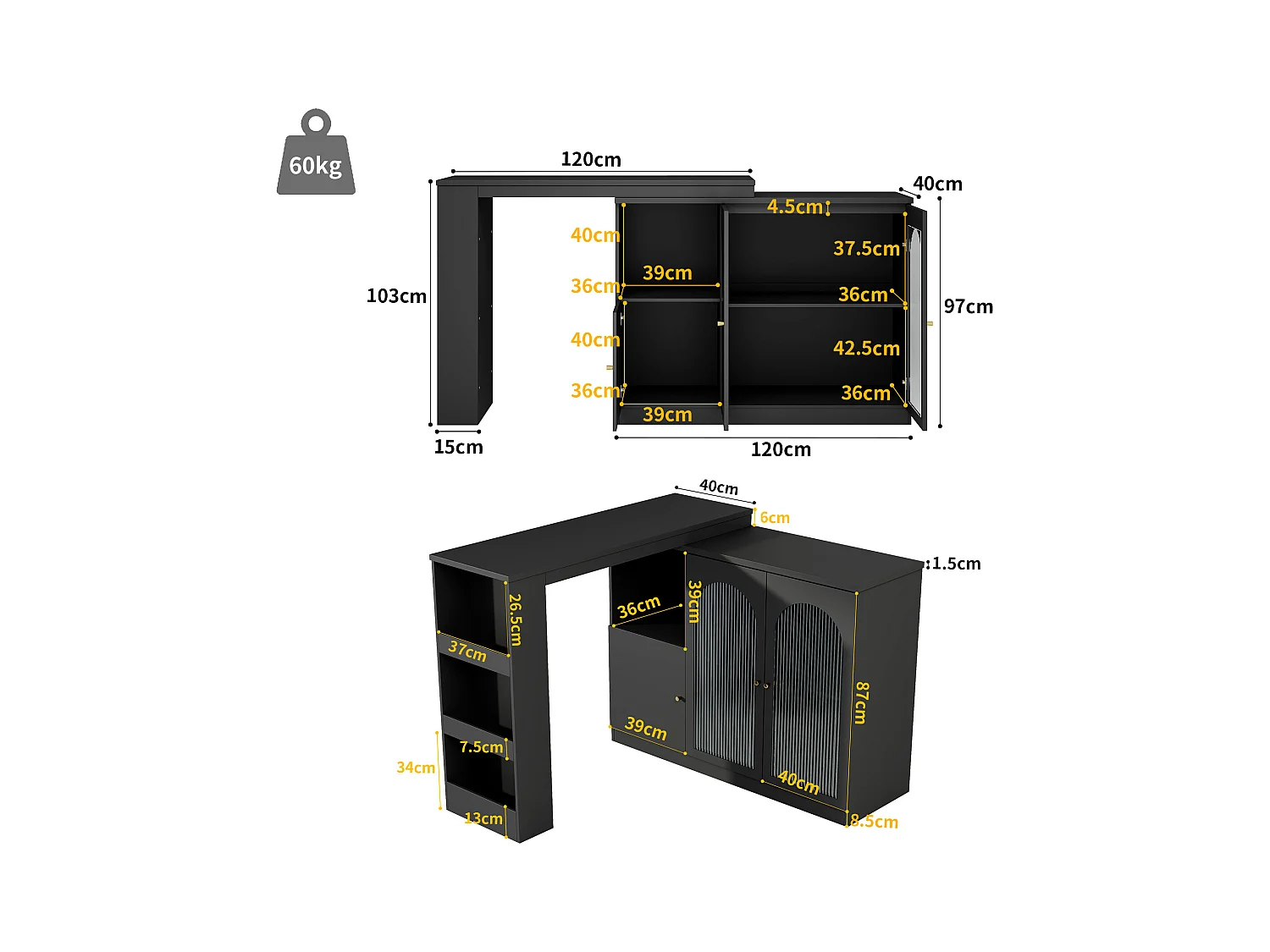 Meuble de bar rotatif - 200 x 40 x 103 cm - avec 3 portes et 4 rangements ouverts - porte vitrée - noir
