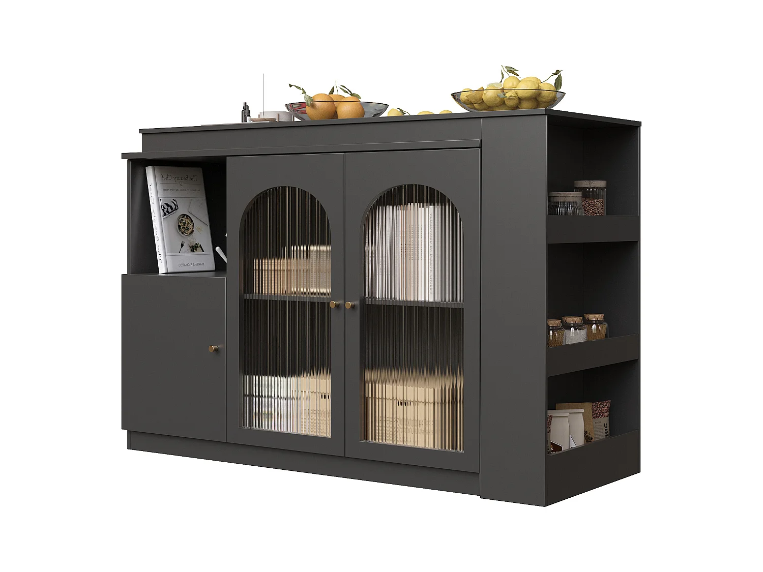 Meuble de bar rotatif - 200 x 40 x 103 cm - avec 3 portes et 4 rangements ouverts - porte vitrée - noir