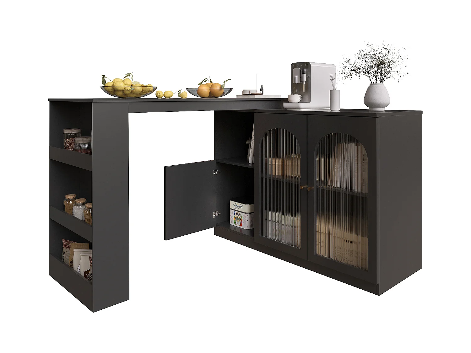 Meuble de bar rotatif - 200 x 40 x 103 cm - avec 3 portes et 4 rangements ouverts - porte vitrée - noir