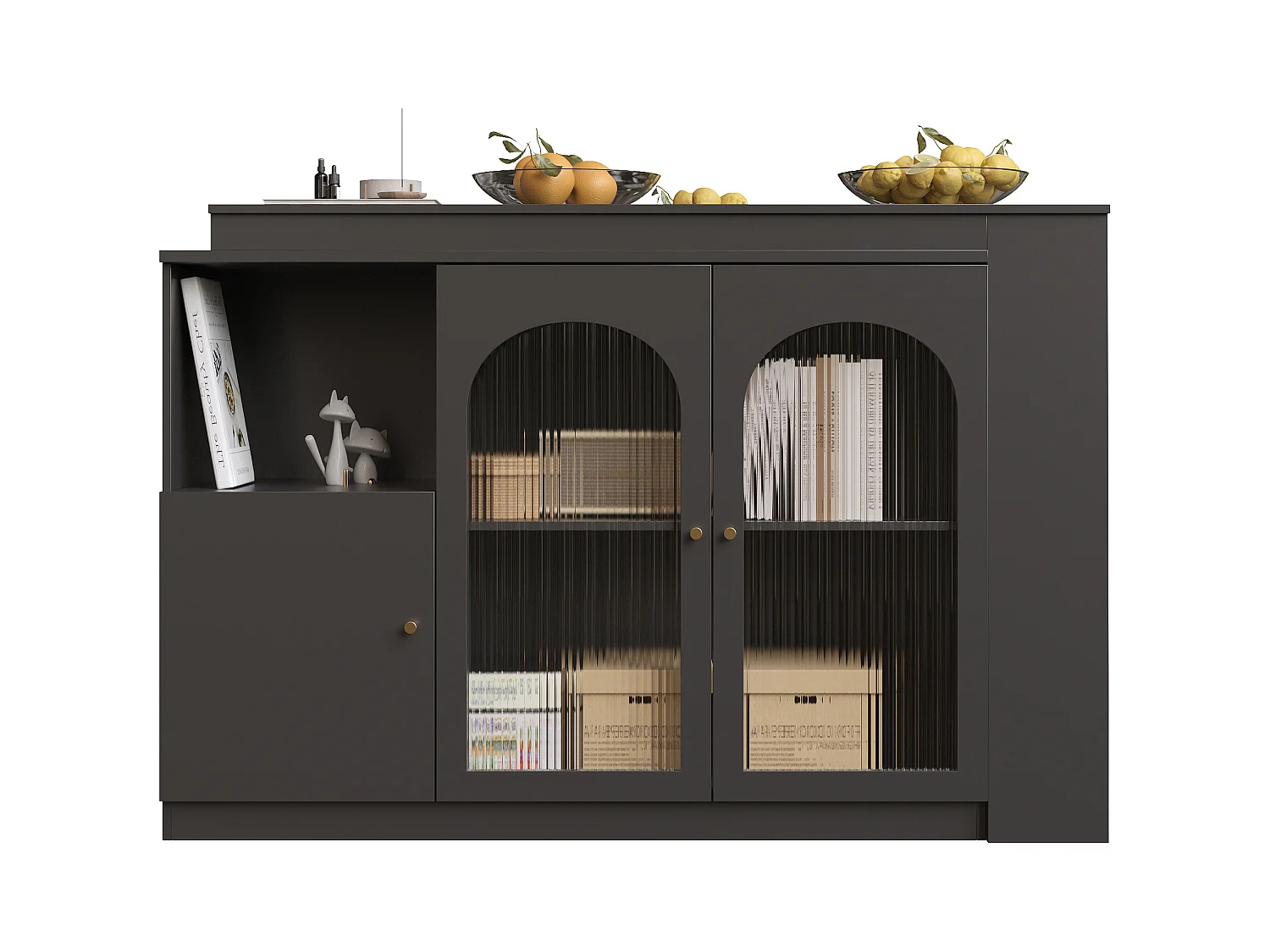 Meuble de bar rotatif - 200 x 40 x 103 cm - avec 3 portes et 4 rangements ouverts - porte vitrée - noir