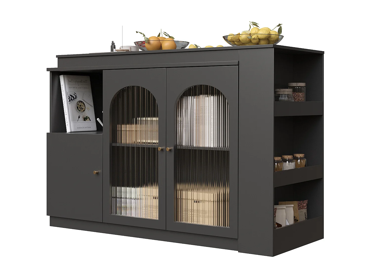 Meuble de bar rotatif - 200 x 40 x 103 cm - avec 3 portes et 4 rangements ouverts - porte vitrée - noir