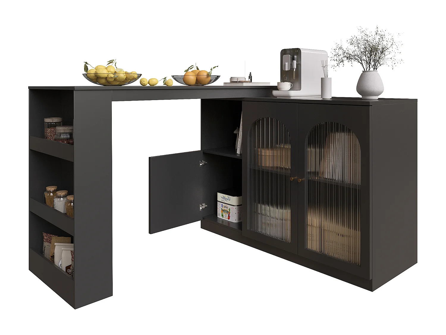 Meuble de bar rotatif - 200 x 40 x 103 cm - avec 3 portes et 4 rangements ouverts - porte vitrée - noir