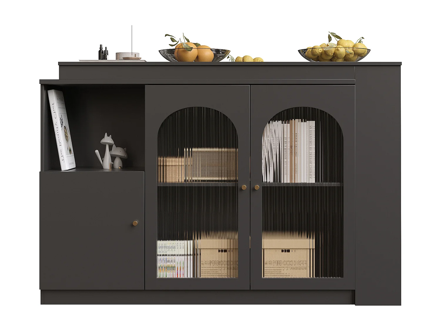 Meuble de bar rotatif - 200 x 40 x 103 cm - avec 3 portes et 4 rangements ouverts - porte vitrée - noir