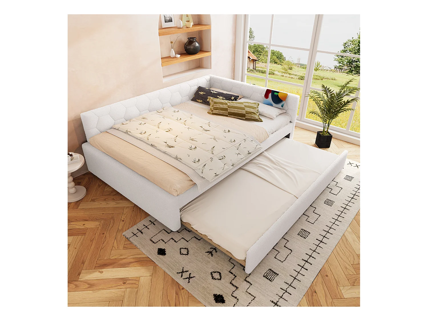Lit gigogne 140x200 - Lit adulte avec recharge USB et lampe de chevet - velours blanc - sans matelas